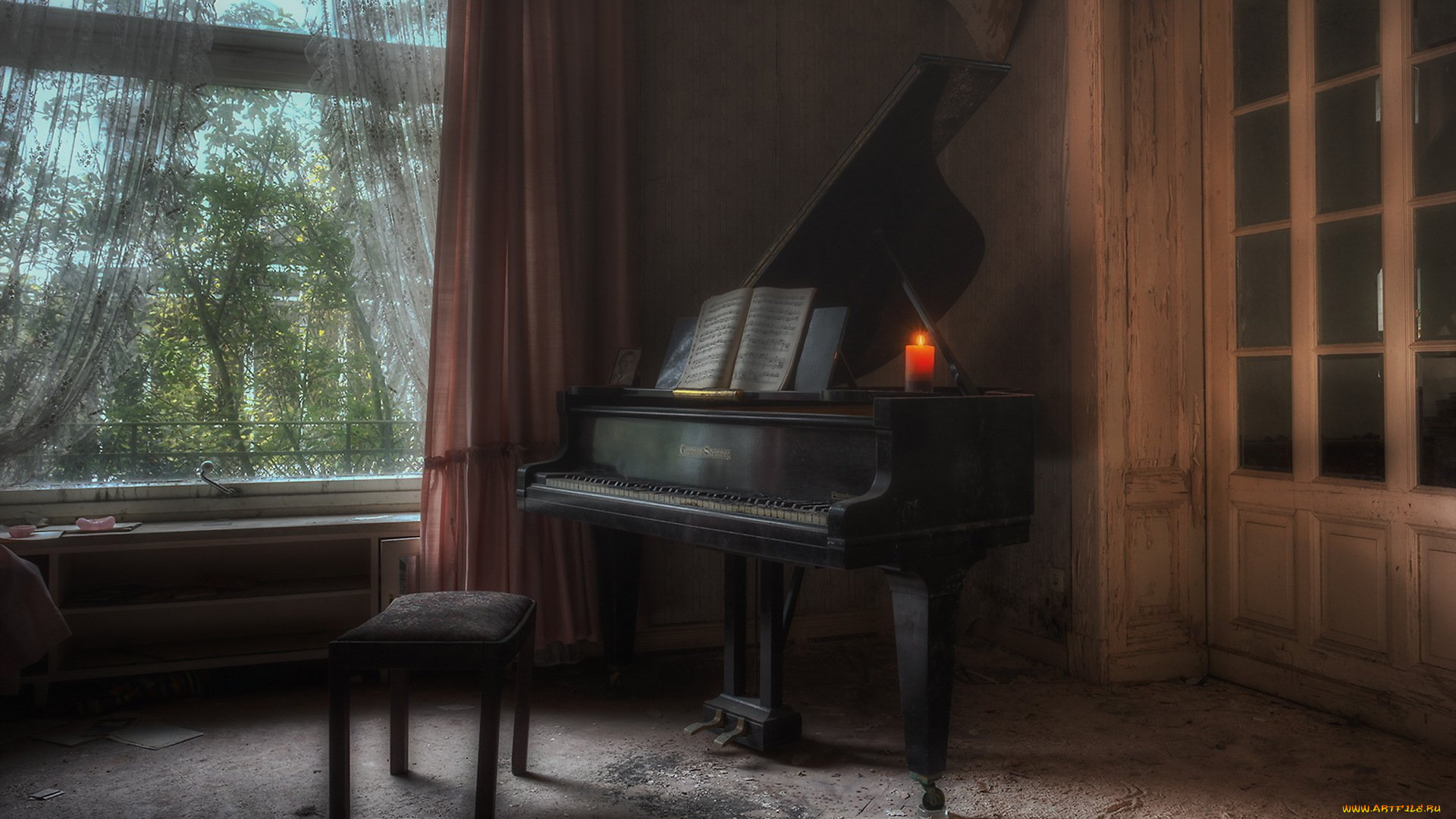 музыка, -музыкальные, инструменты, рояль, комната, свеча, окно, ноты, пианино