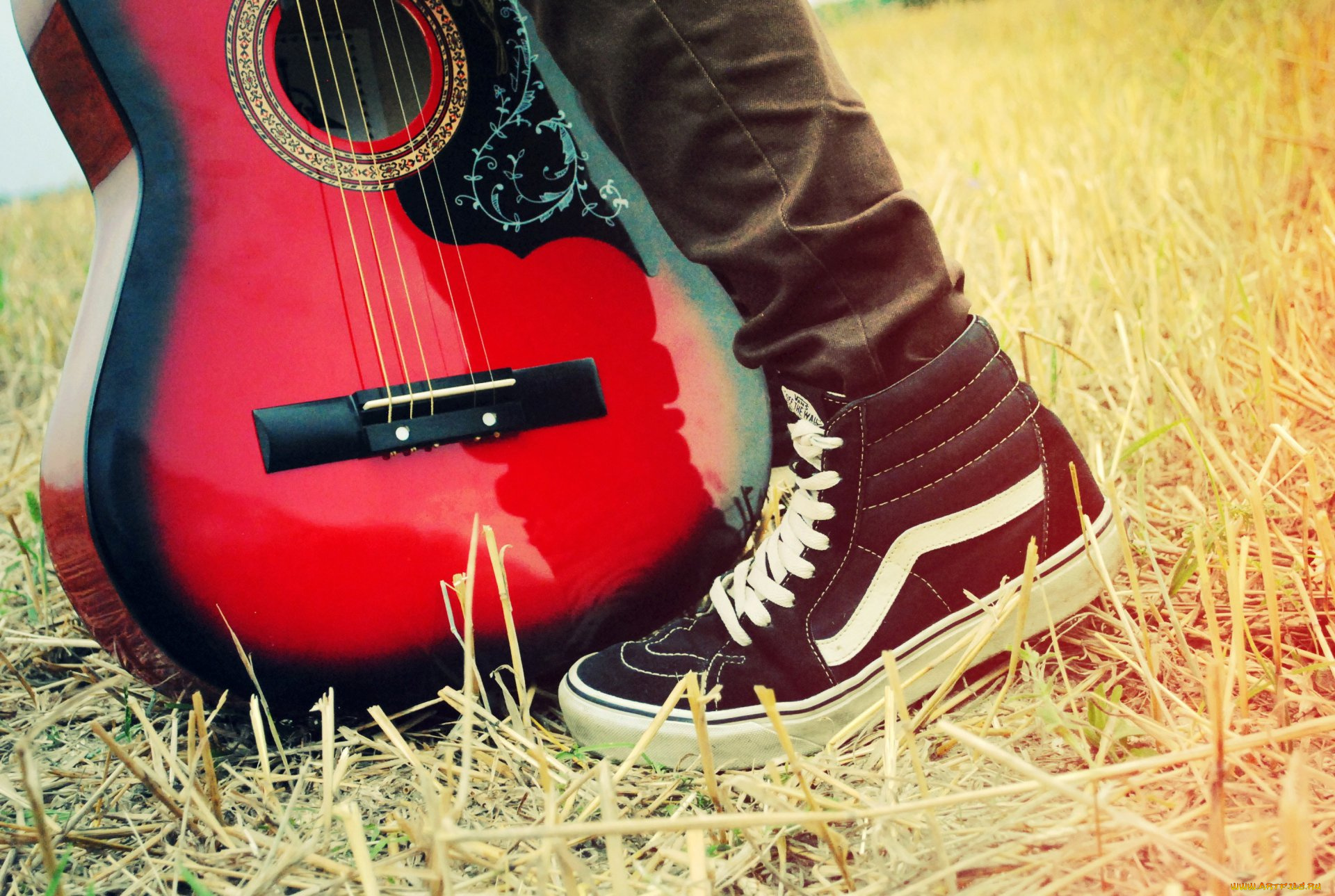 музыка, -музыкальные, инструменты, трава, гитара, нога, человек