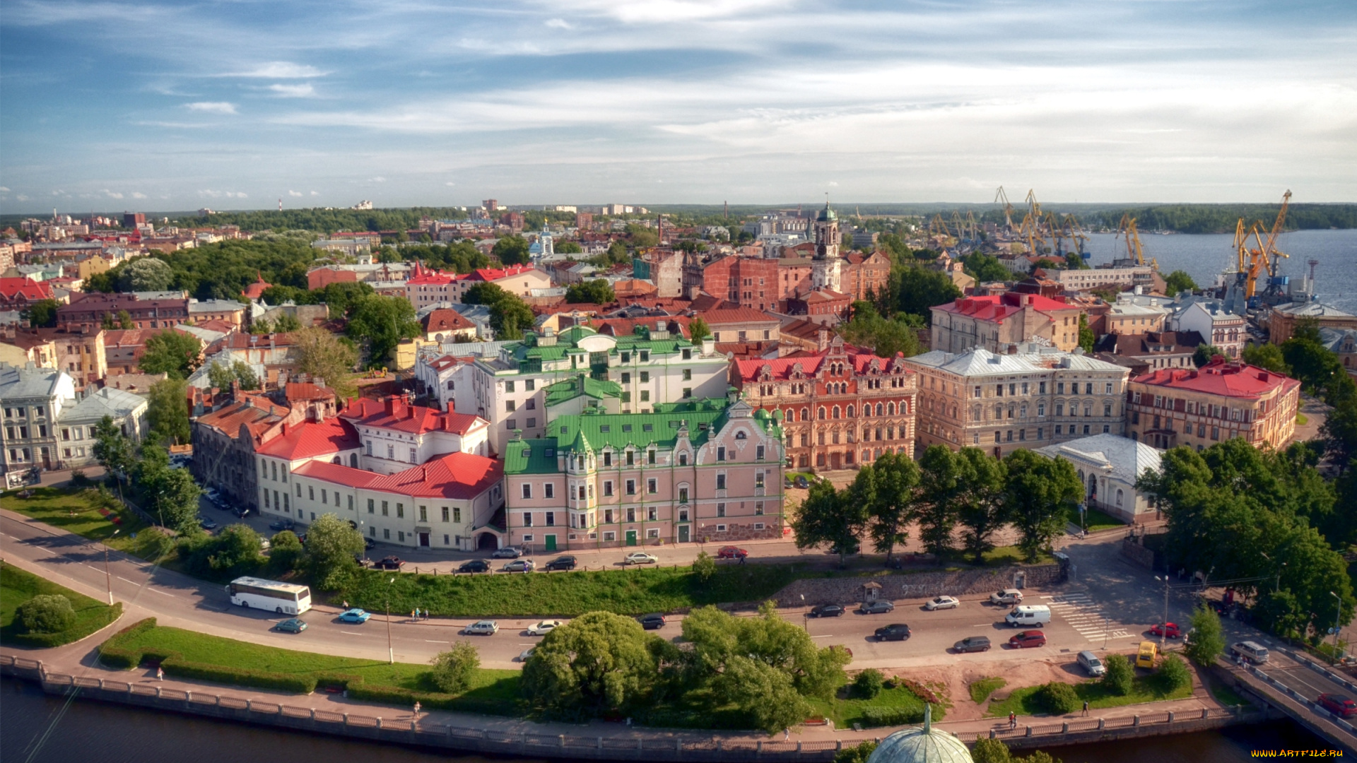 выборг, россия, города, панорамы, дома, крыши, дорога