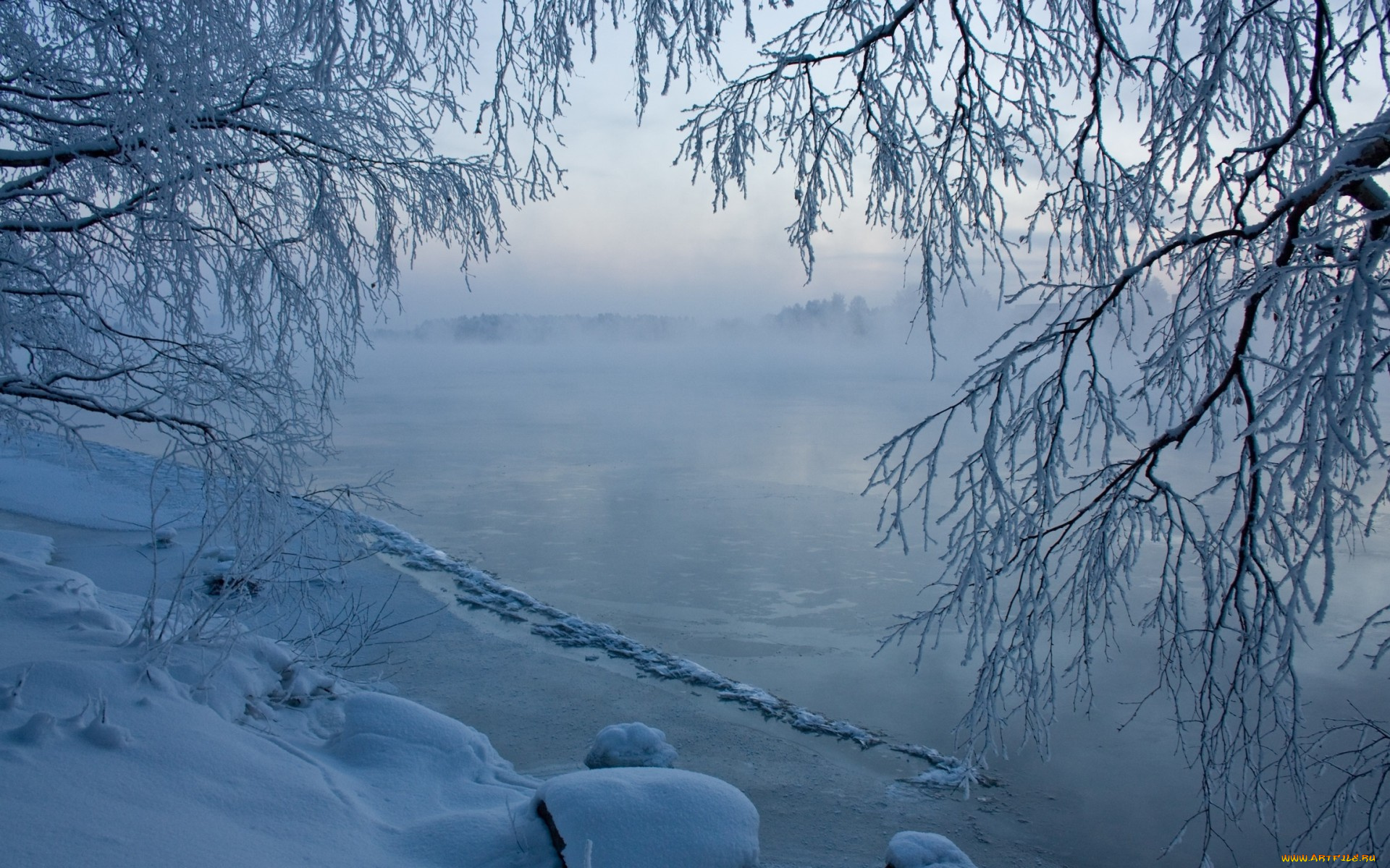 природа, зима, снег, деревья, дымка, лед, река