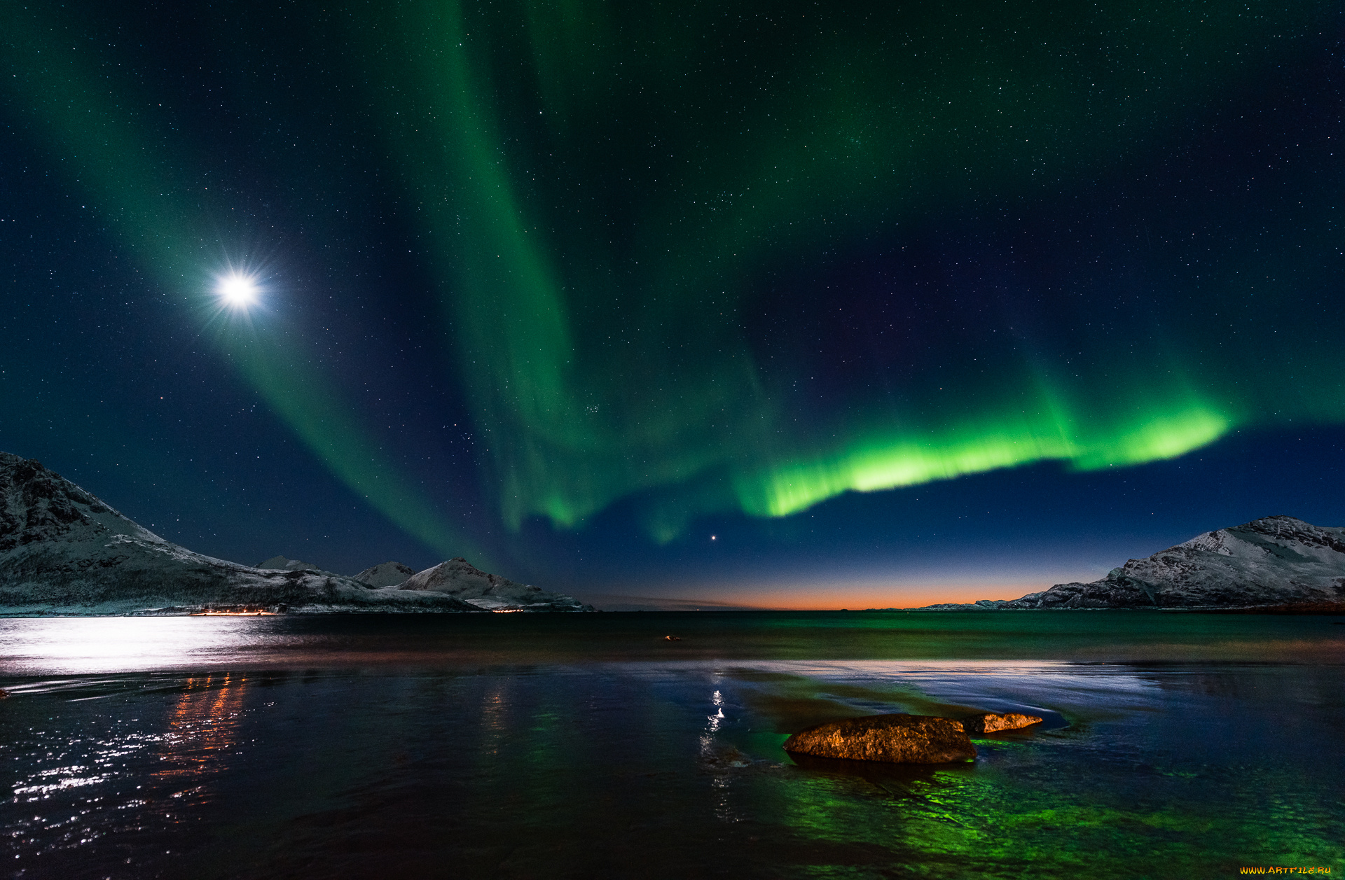 природа, северное, сияние, норвегия, ночь, звезды, деревья, вода