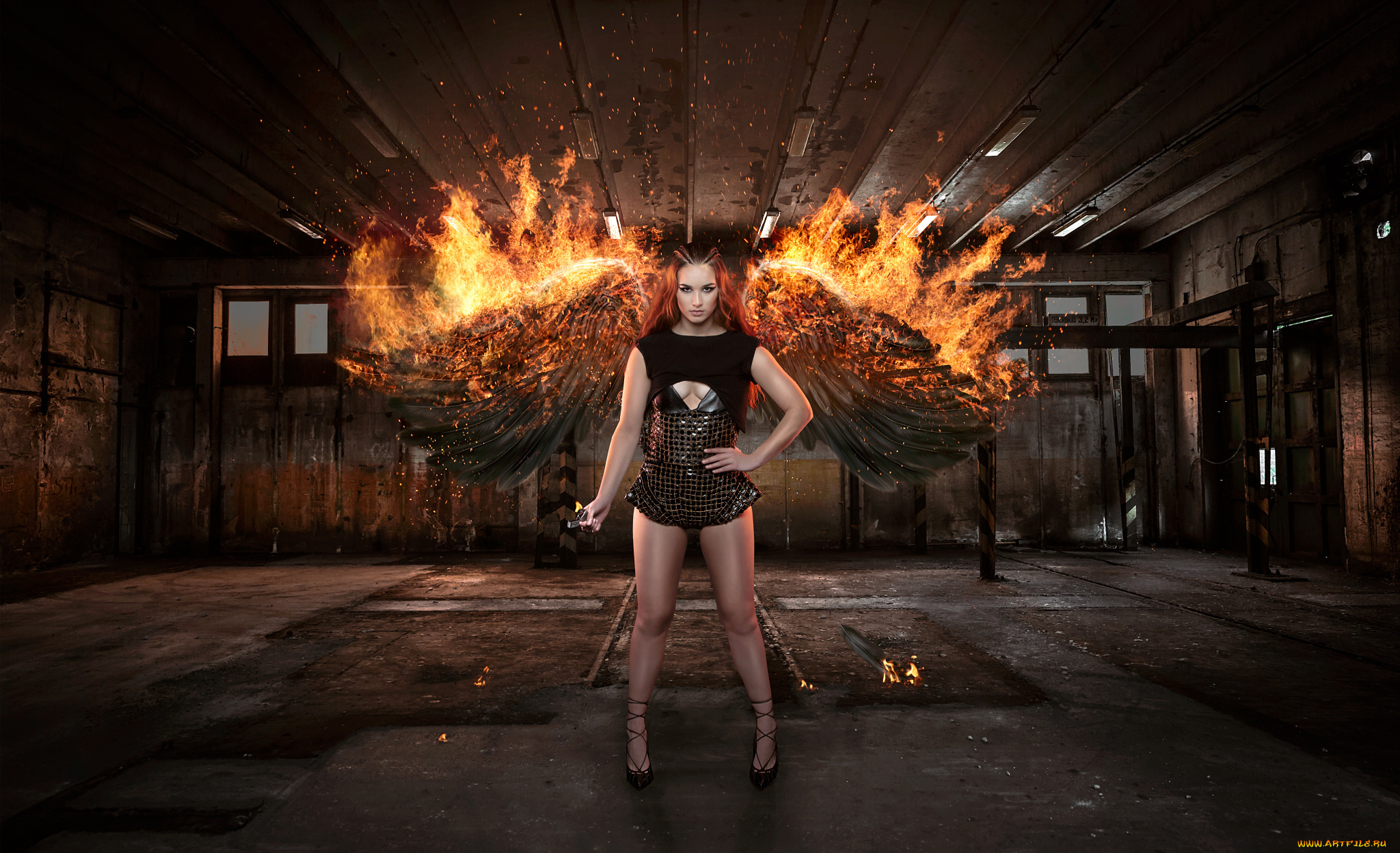 фэнтези, фотоарт, огонь, девушка, зажигалка, крылья, ангел