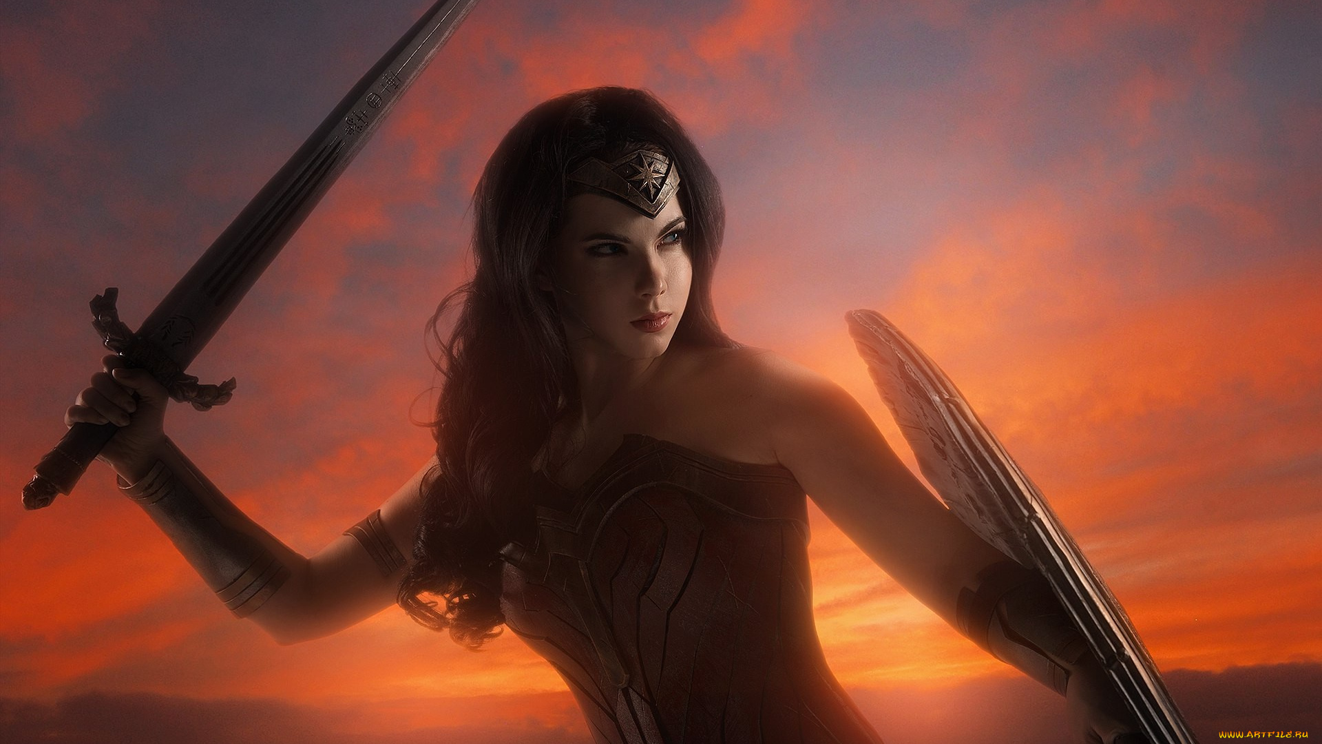 3д, графика, фантазия, , fantasy, armor, dc, comics, warrior, film, shield, cosplay, blade, movie, sword, cinema, sky, themyscira, ken, gauntlet, strong, diana, wonder, woman, brunette