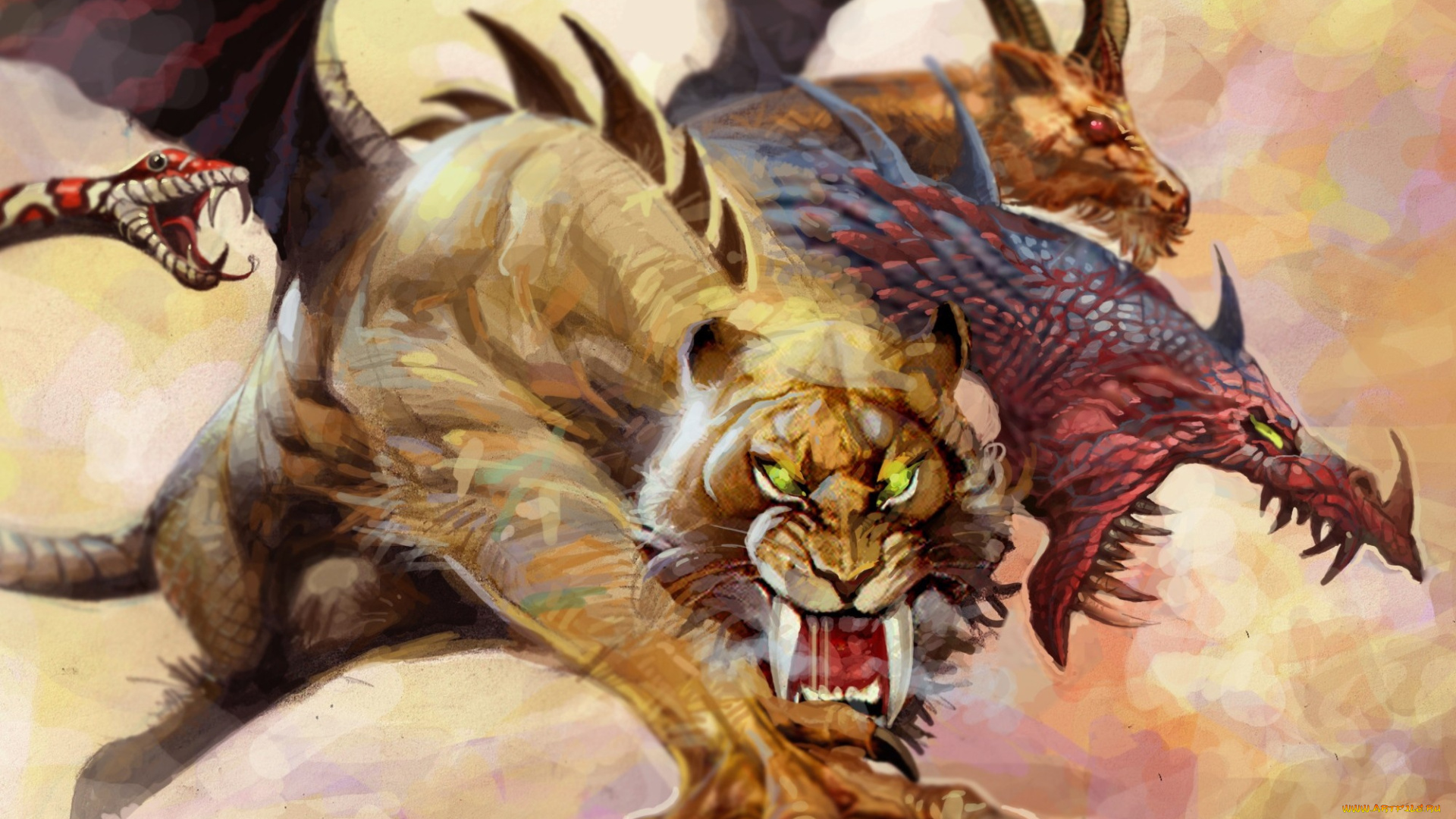 фэнтези, существа, wings, tora, tusks, tiger, chimera, predator, dragon, mythology, goat, claws, scales, monster, snake, lion