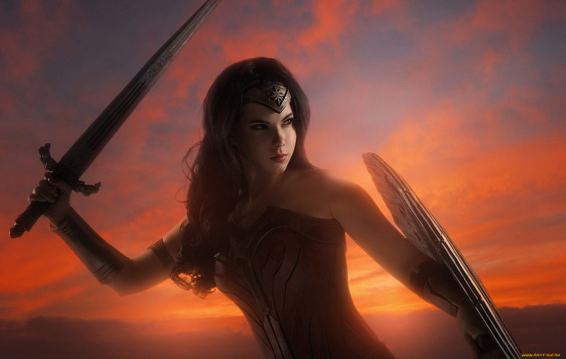 3д, графика, фантазия, , fantasy, armor, dc, comics, warrior, film, shield, cosplay, blade, movie, sword, cinema, sky, themyscira, ken, gauntlet, strong, diana, wonder, woman, brunette