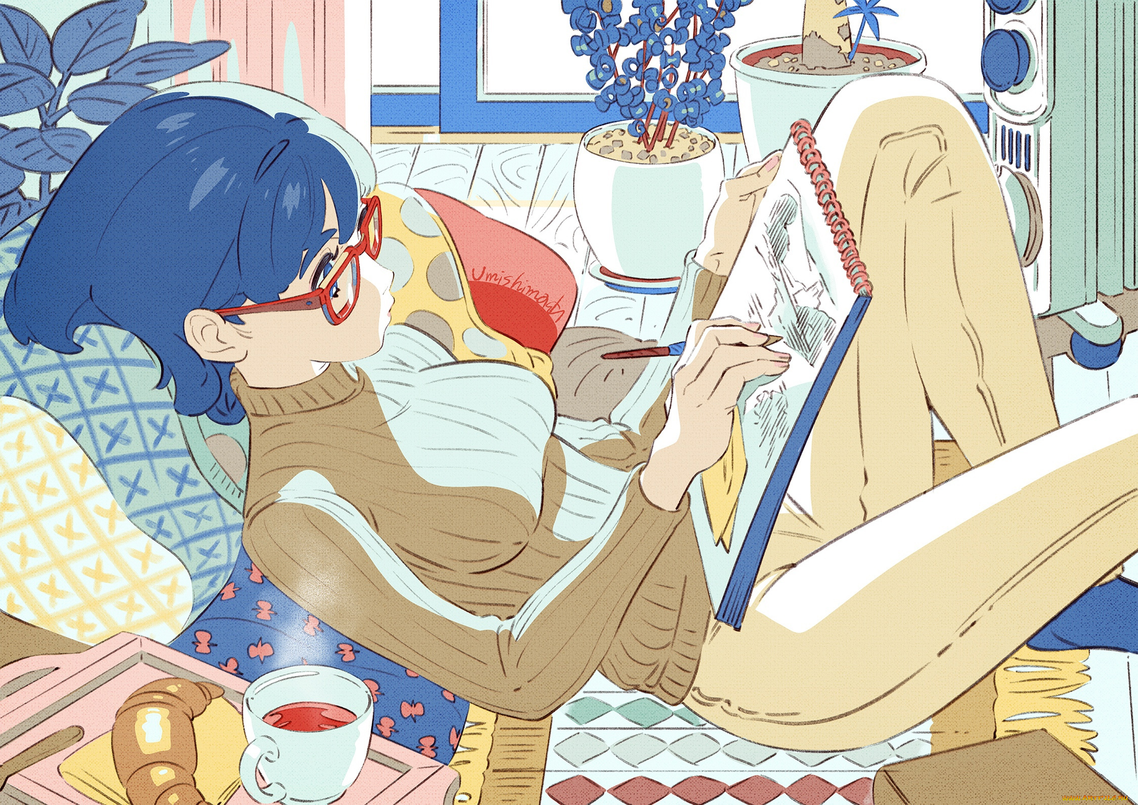 аниме, unknown, , другое, , девушка, свитер, очки, рисунок