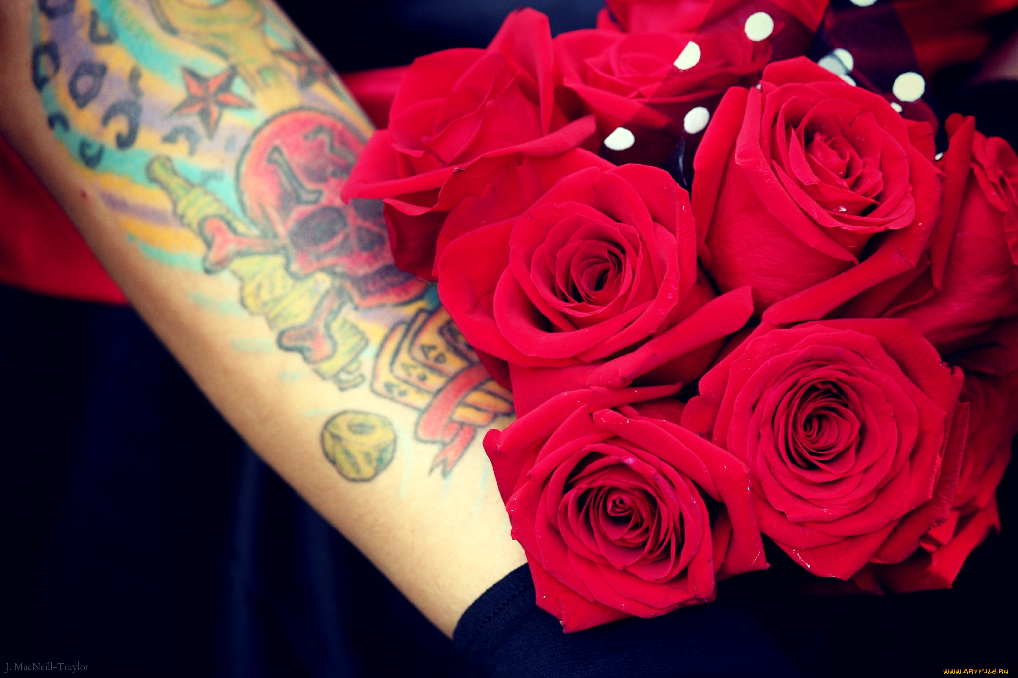 цветы, розы, красный, букет, татуировка, череп, контраст