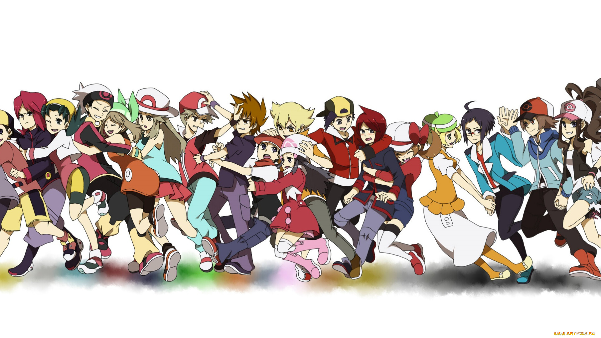 аниме, pokemon, девушки, парни, белый, фон, персонажи, арт