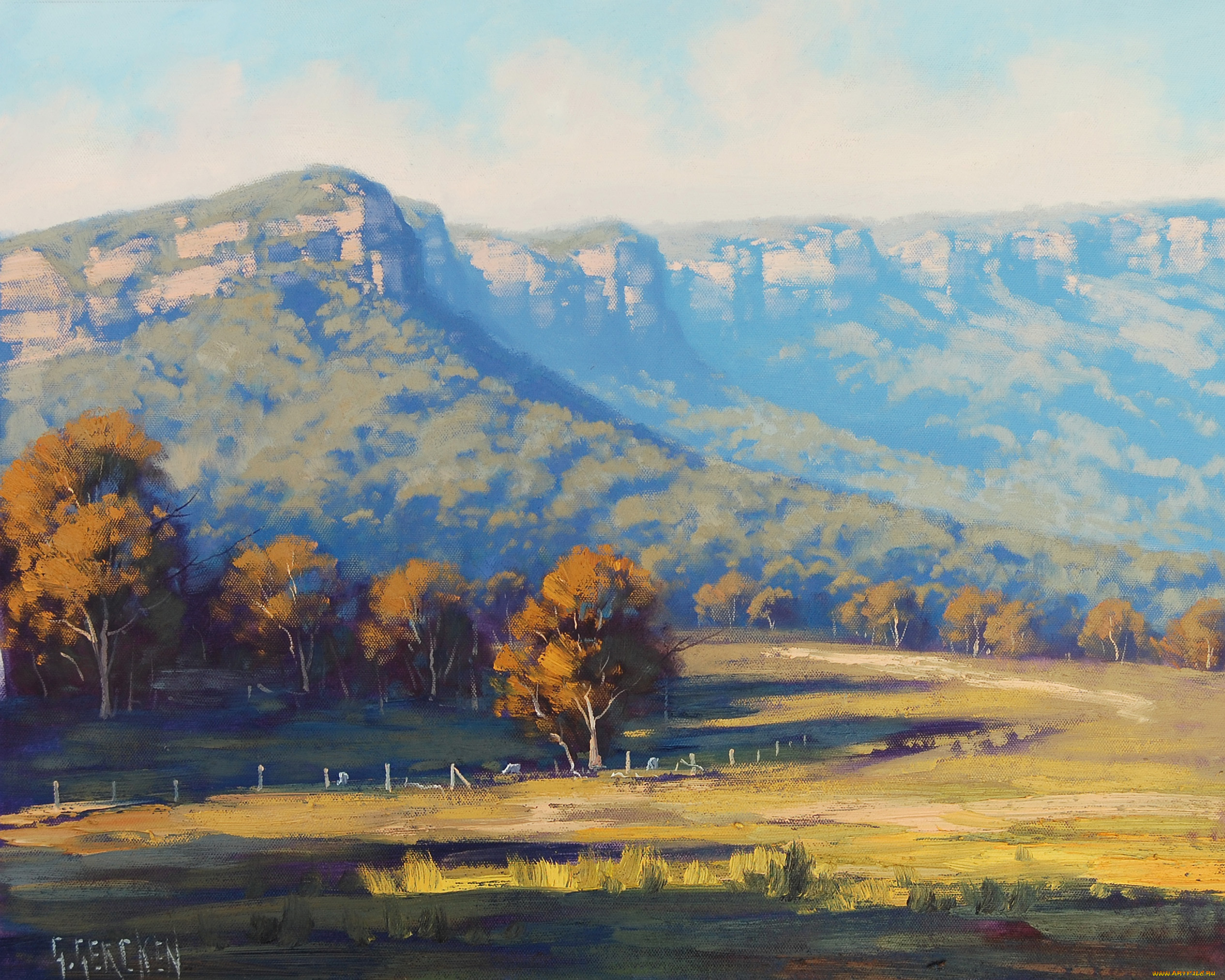 рисованные, живопись, деревья, горы, megalong, valley, artsaus