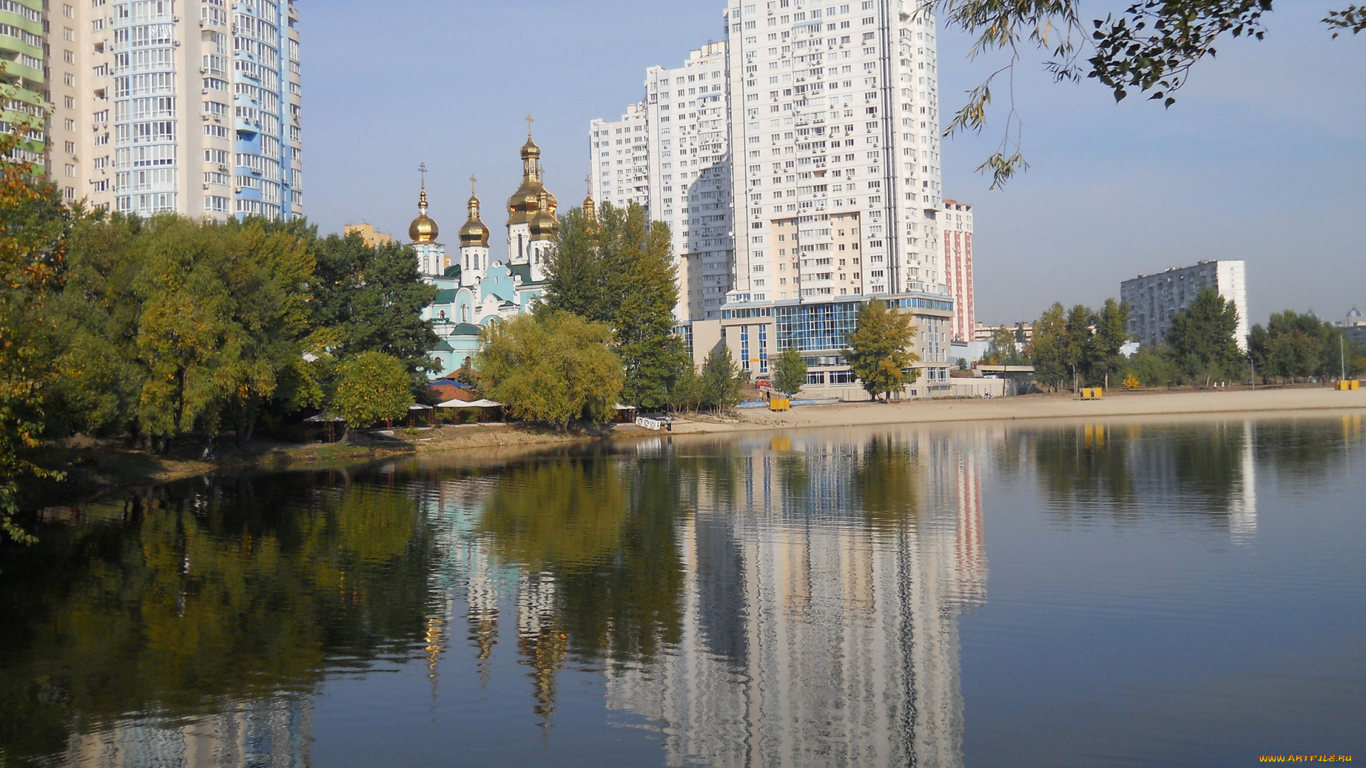 у, озера, тельбин, города, -, панорамы, киев, осень, озеро, тельбин, церковь