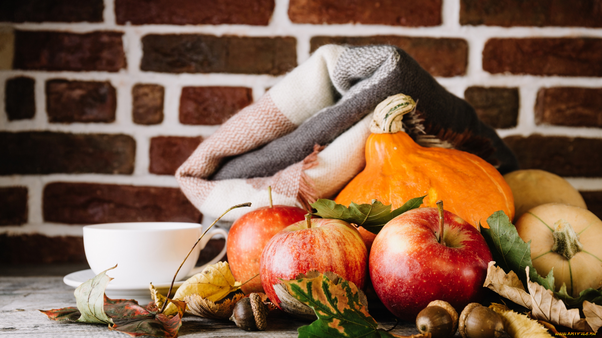 еда, фрукты, и, овощи, вместе, листья, яблоки, осень, осенние, плоды, тыква