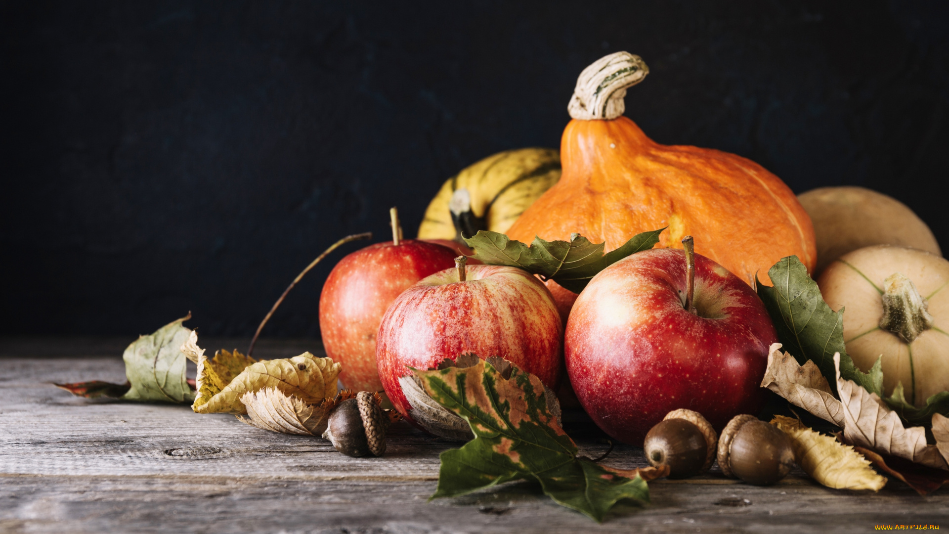 еда, фрукты, и, овощи, вместе, осень, листья, плоды, яблоко, тыква