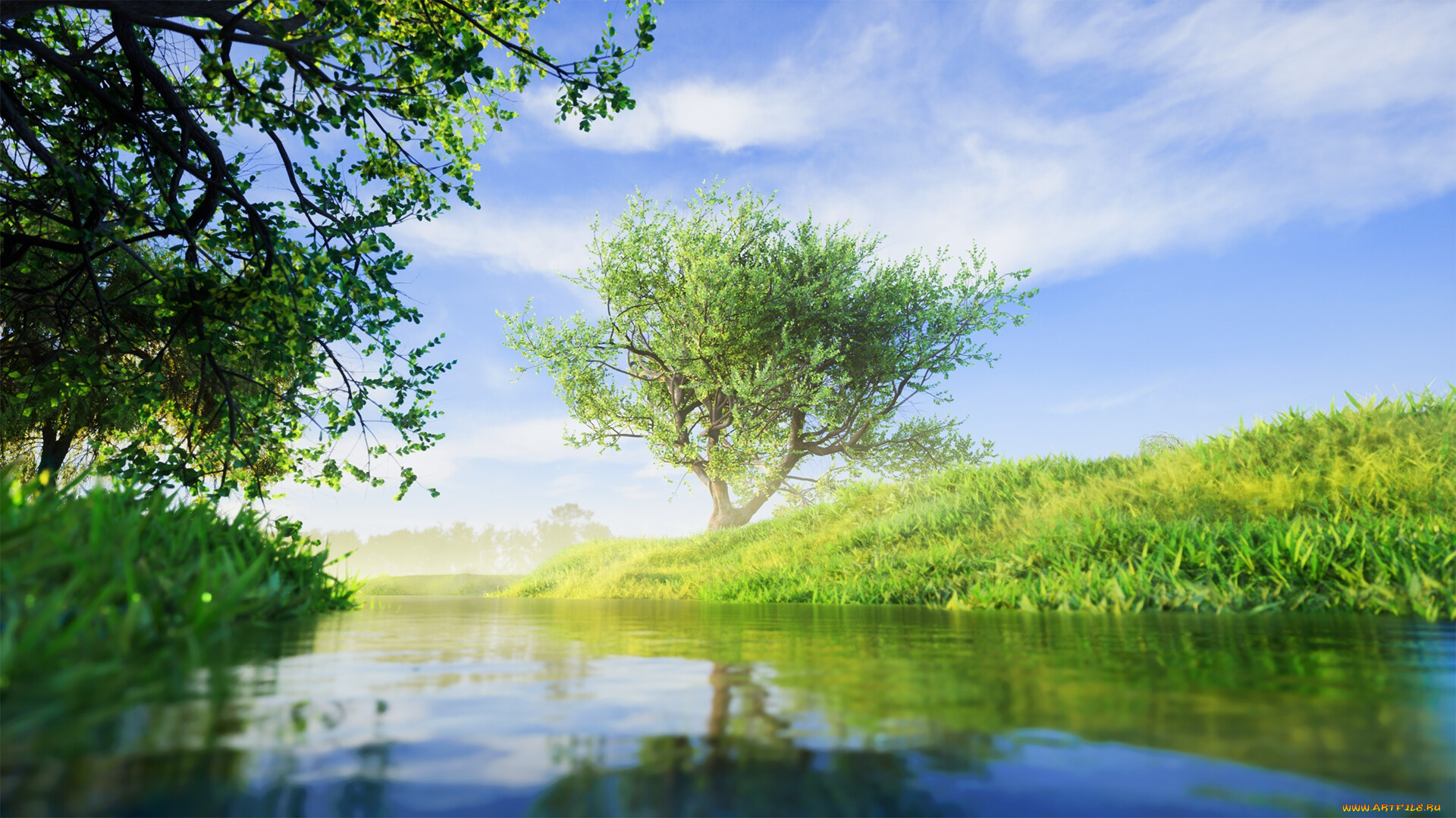 природа, реки, озера, river, sky, trees, nature, water, reflection, digital, art, artwork, plants