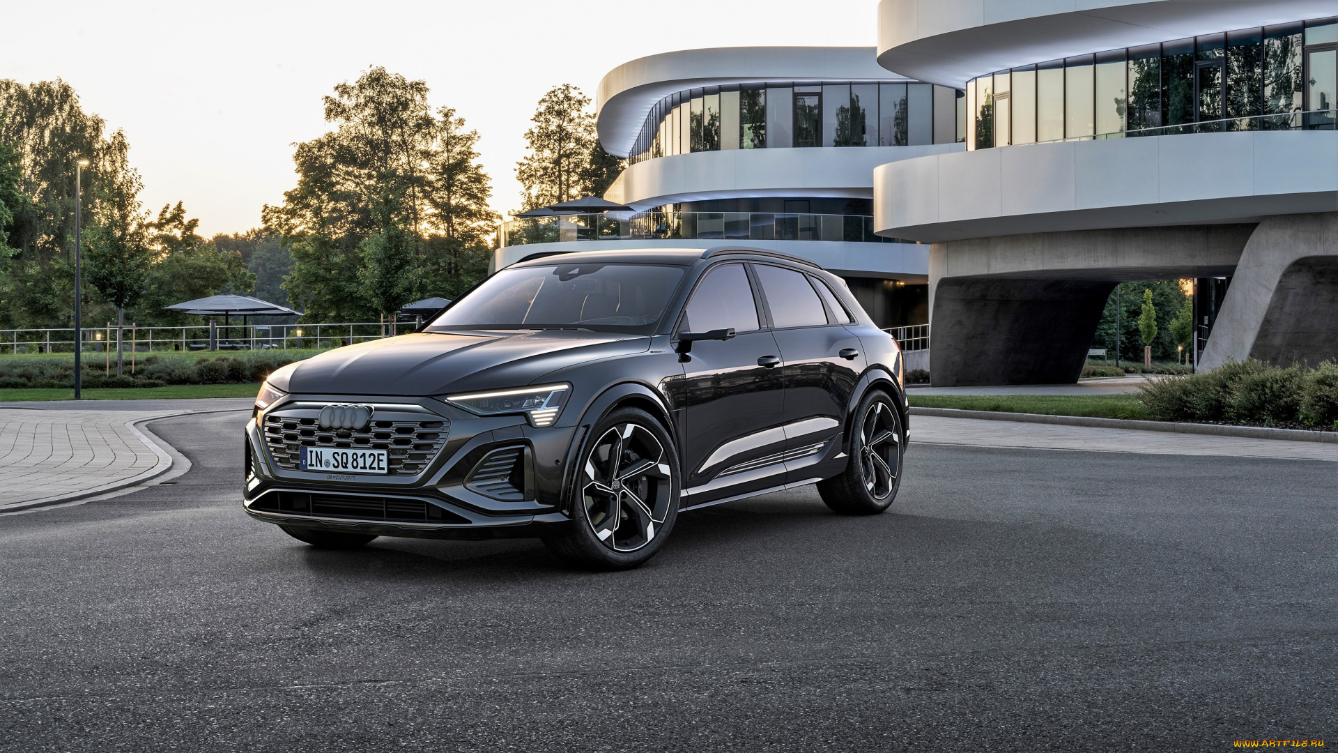 audi, q8, sportback, 55, e-tron, quattro, автомобили, audi, черный, здание, парк