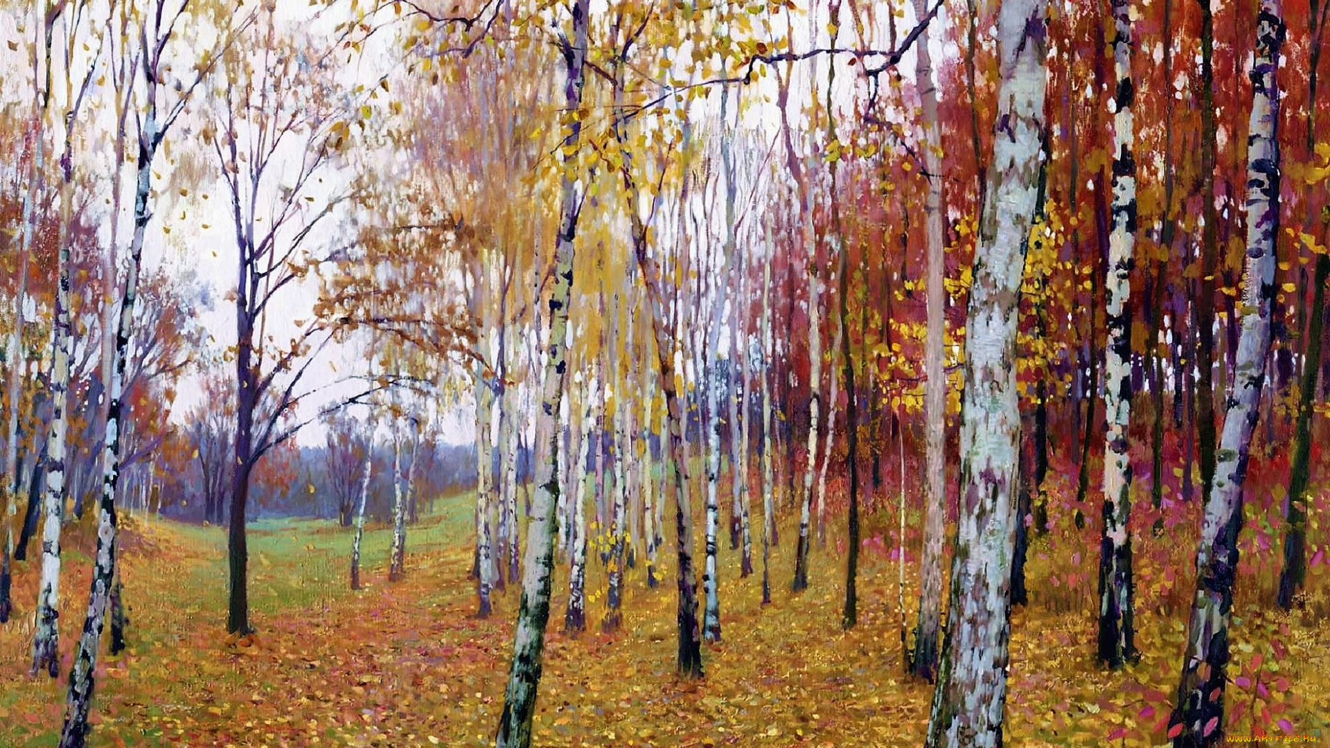 рисованное, живопись, лес, осень