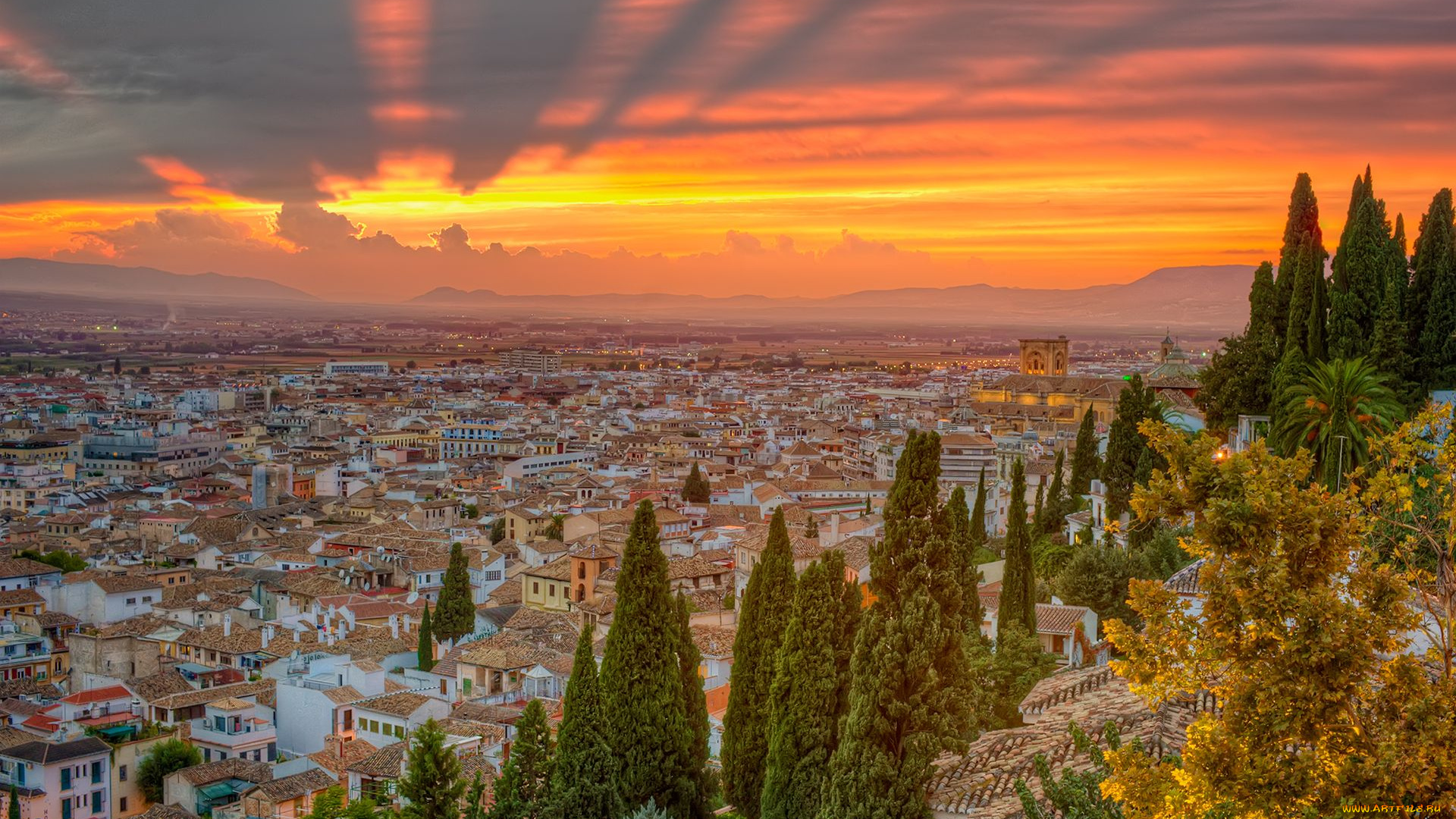 испания, города, панорамы, spain, закат, деревья, кипарисы, здания, дома