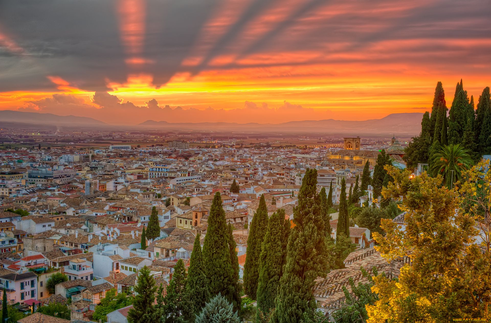 испания, города, панорамы, spain, закат, деревья, кипарисы, здания, дома