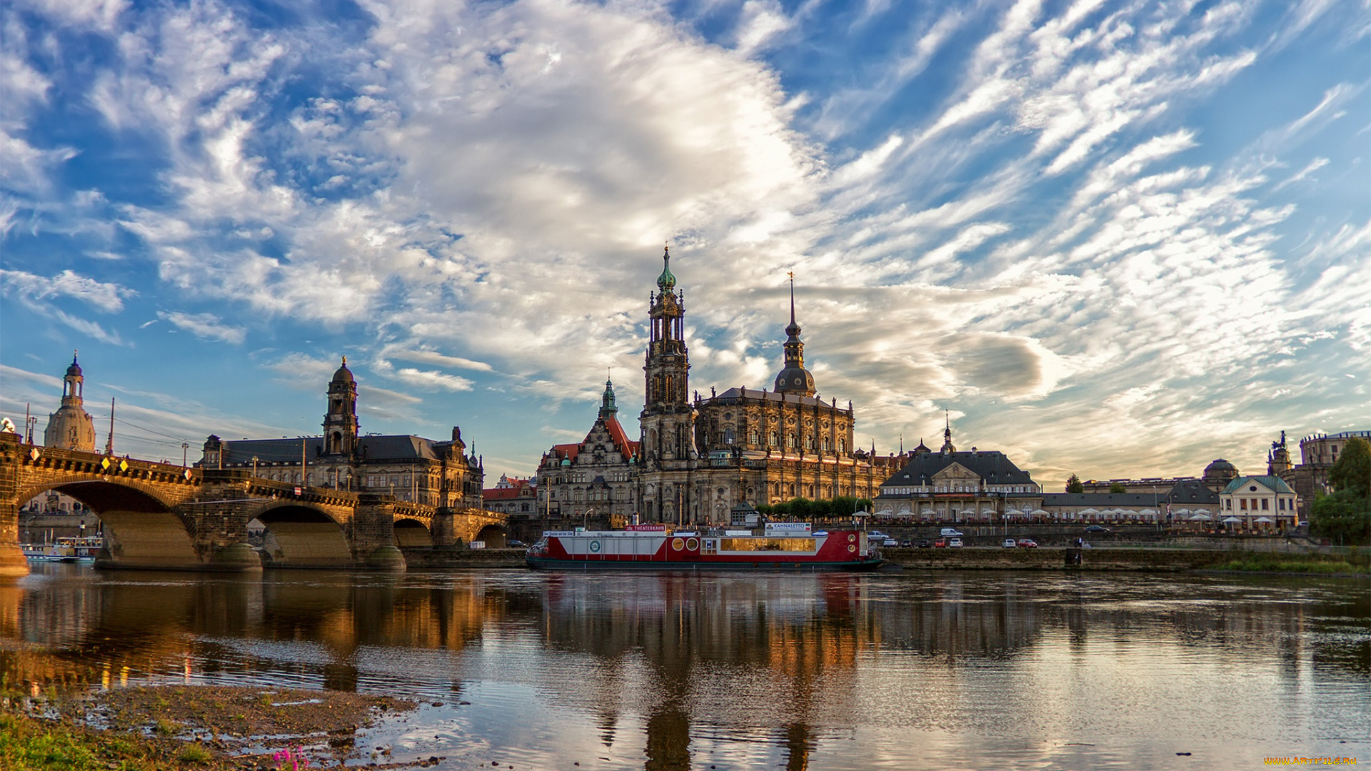 dresden, города, дрезден, германия, мост, река, город, здания, облака