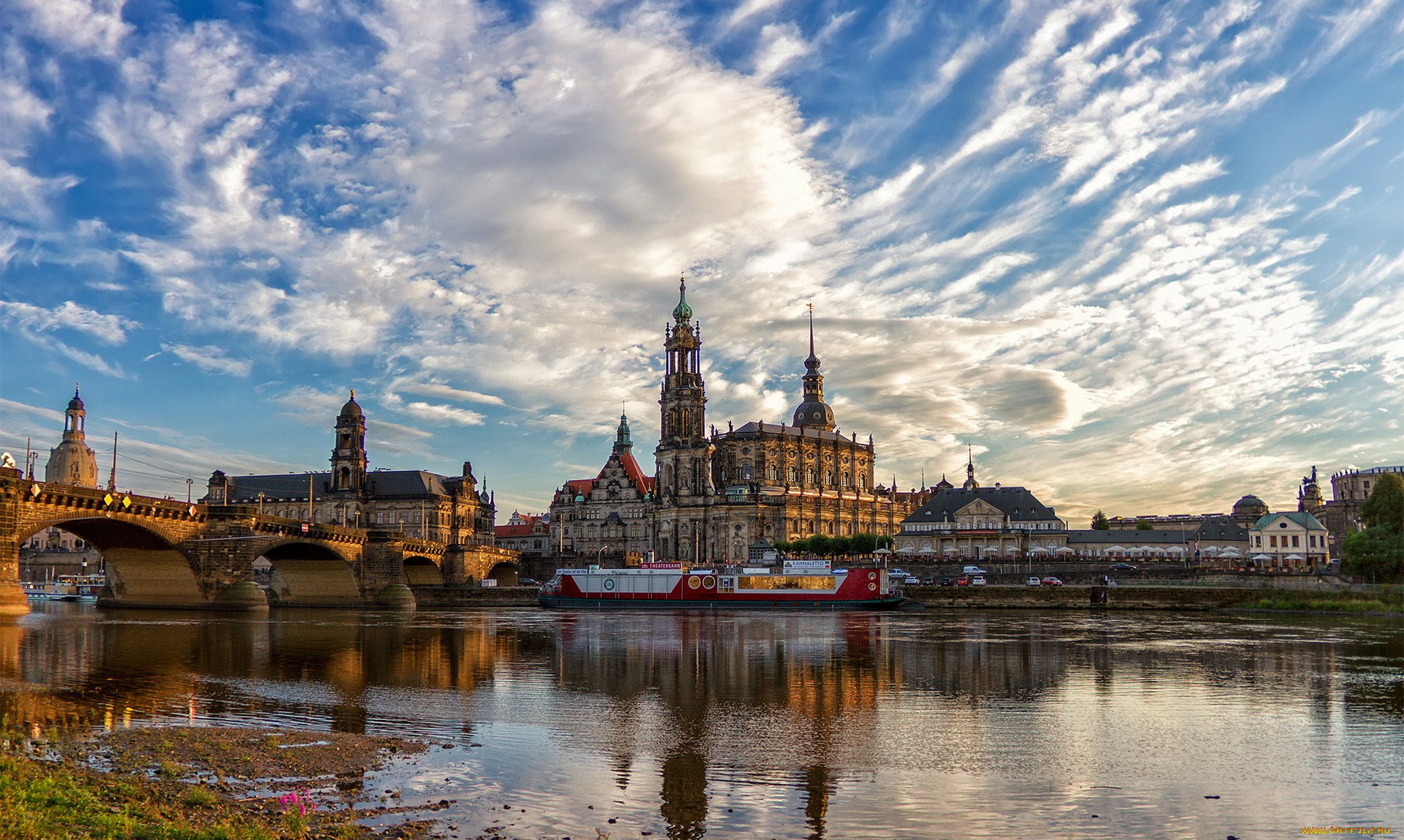 dresden, города, дрезден, германия, мост, река, город, здания, облака