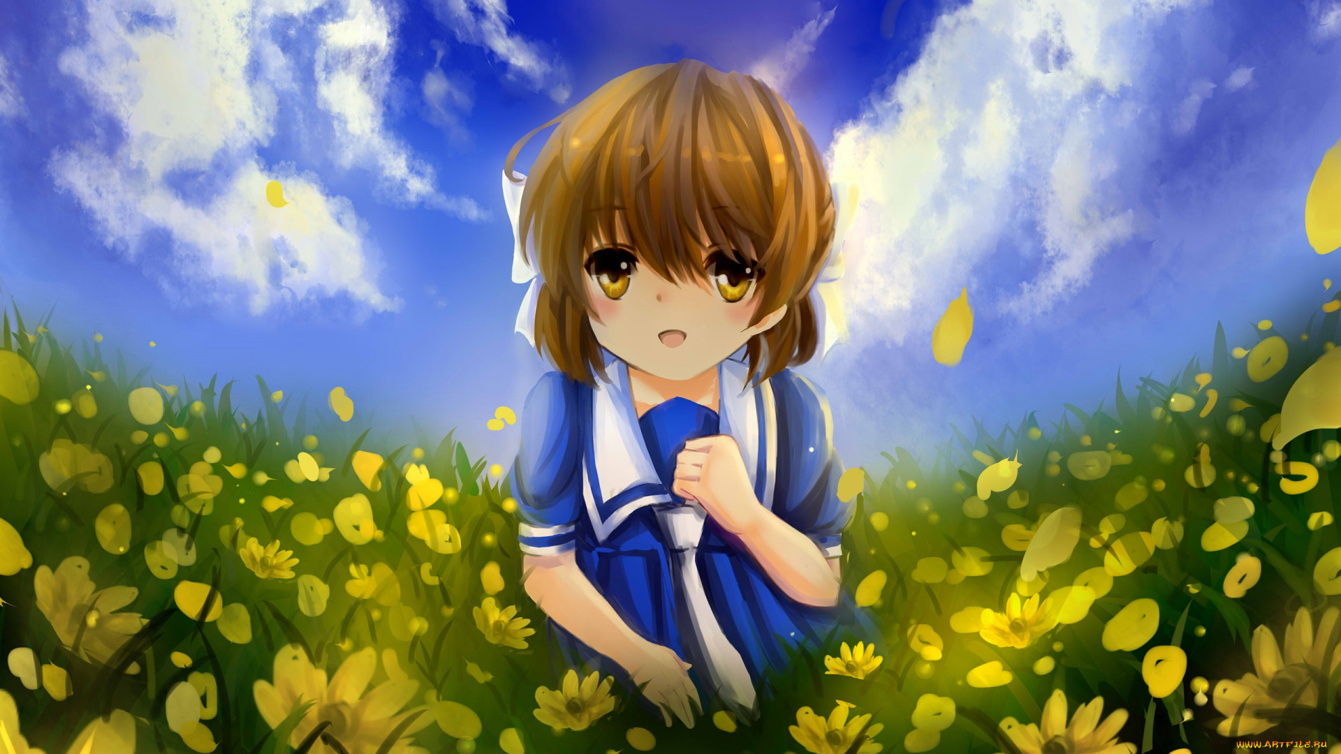 аниме, clannad, okazaki, ushio, луг, девочка, арт, небо, цветы