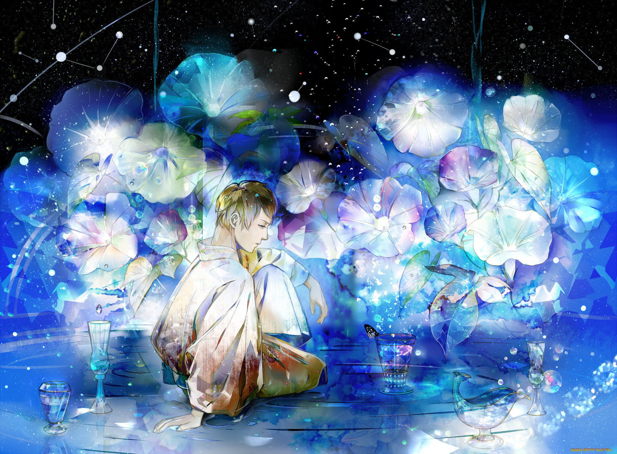 аниме, unknown, , другое, ночь, парень, saiga, tokihito, арт, цветы, звезды