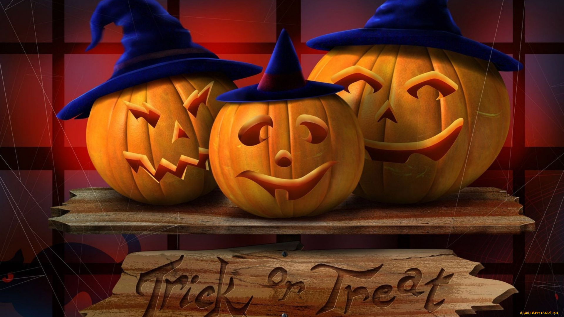 праздничные, хэллоуин, тыквы, светильник, джека, три, trick-or-treat, halloween, ночь, доски, черный, кот, паутина, шляпа, ведьмы