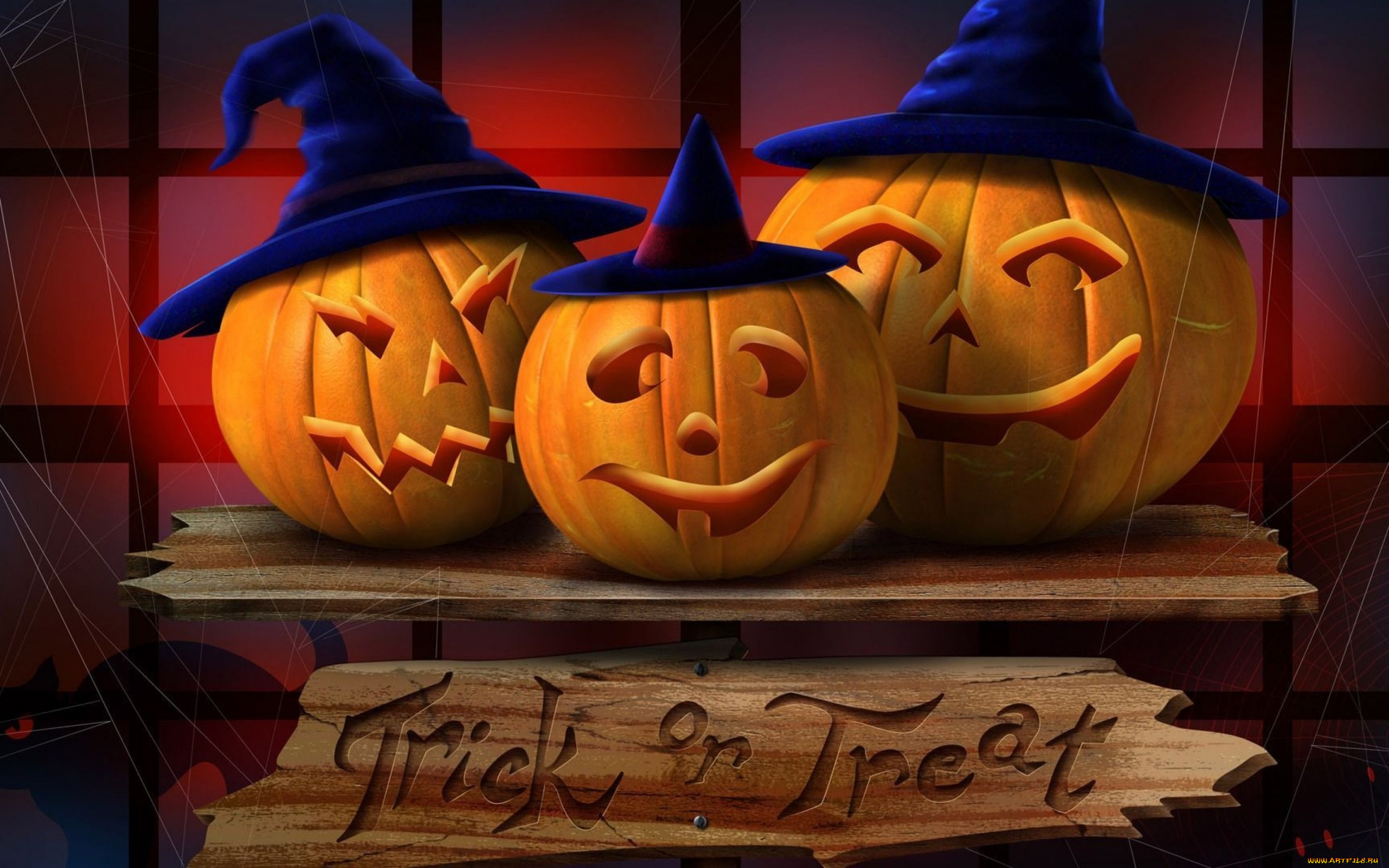 праздничные, хэллоуин, тыквы, светильник, джека, три, trick-or-treat, halloween, ночь, доски, черный, кот, паутина, шляпа, ведьмы