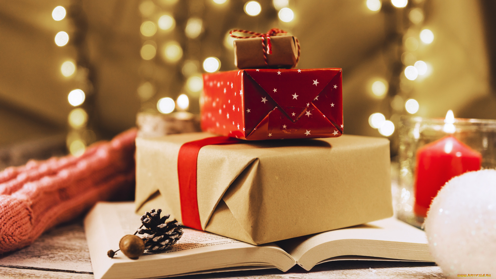 праздничные, подарки, и, коробочки, книга, лента, красная, рождество, праздник, новый, год, подарки