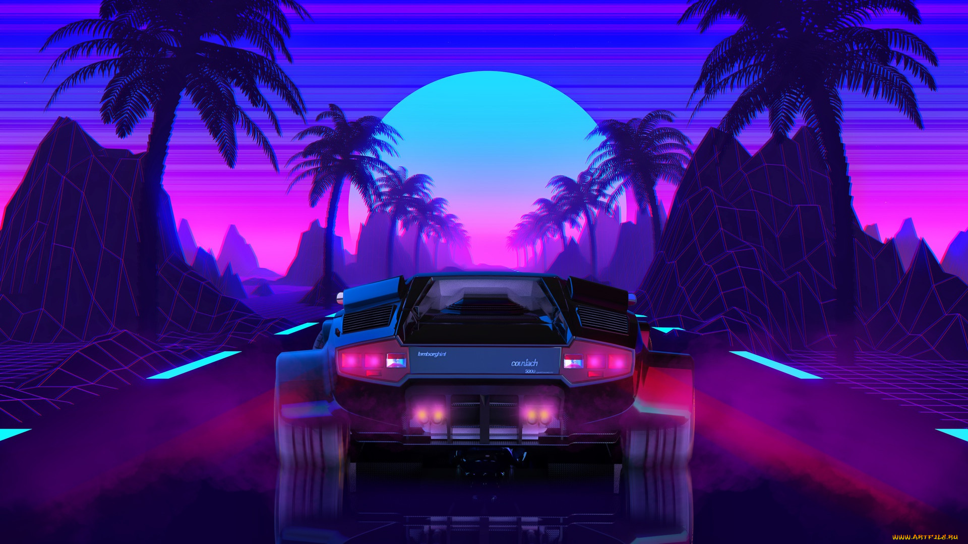 векторная, графика, техника, , equipment, outrun, ретровейв, синтвейв, futuresynth, new, retro, wave, synthwave, videogame, retrowave, synth, 80's, lamborghini, countach, neon, 80s, фон, солнце