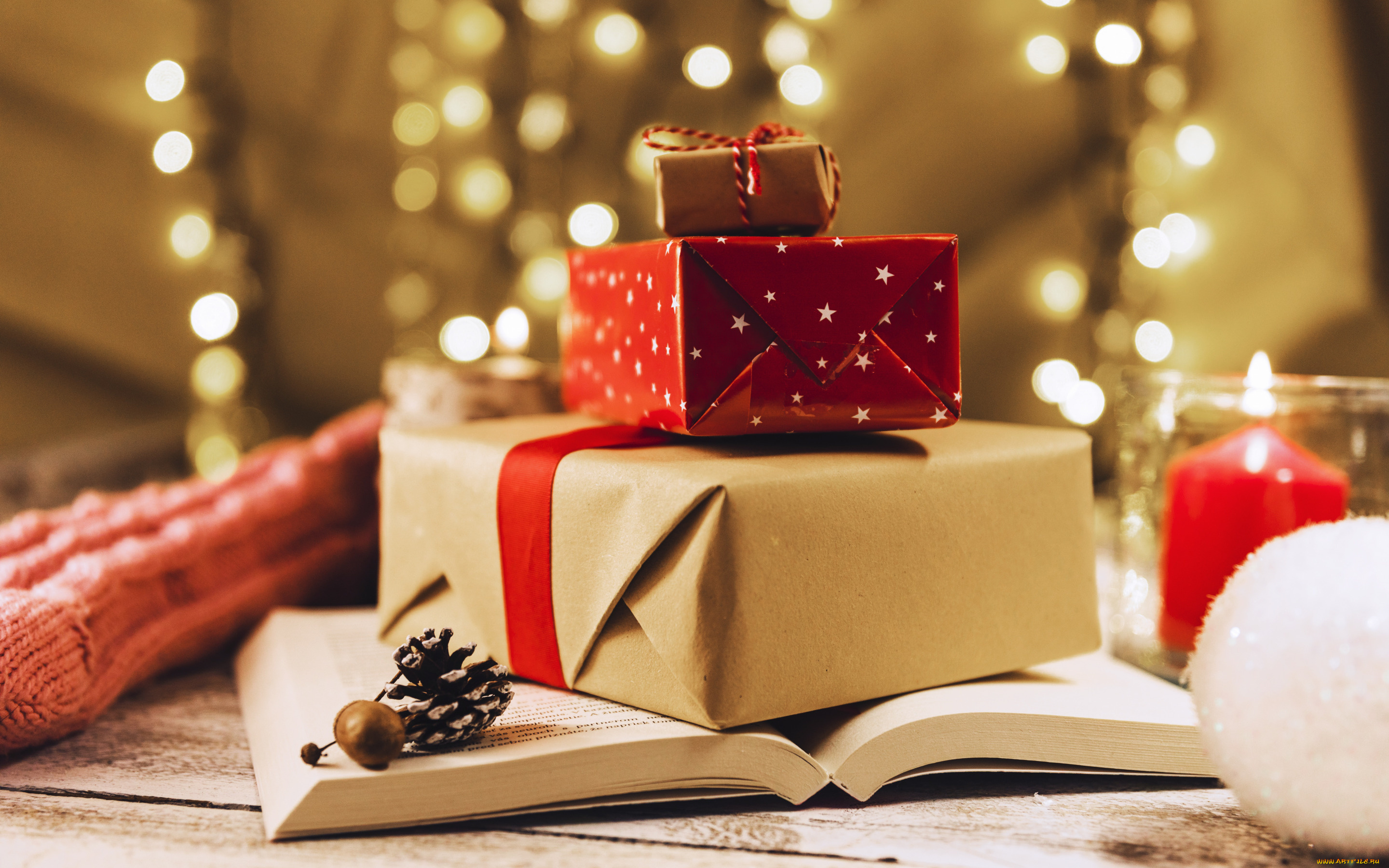 праздничные, подарки, и, коробочки, книга, лента, красная, рождество, праздник, новый, год, подарки