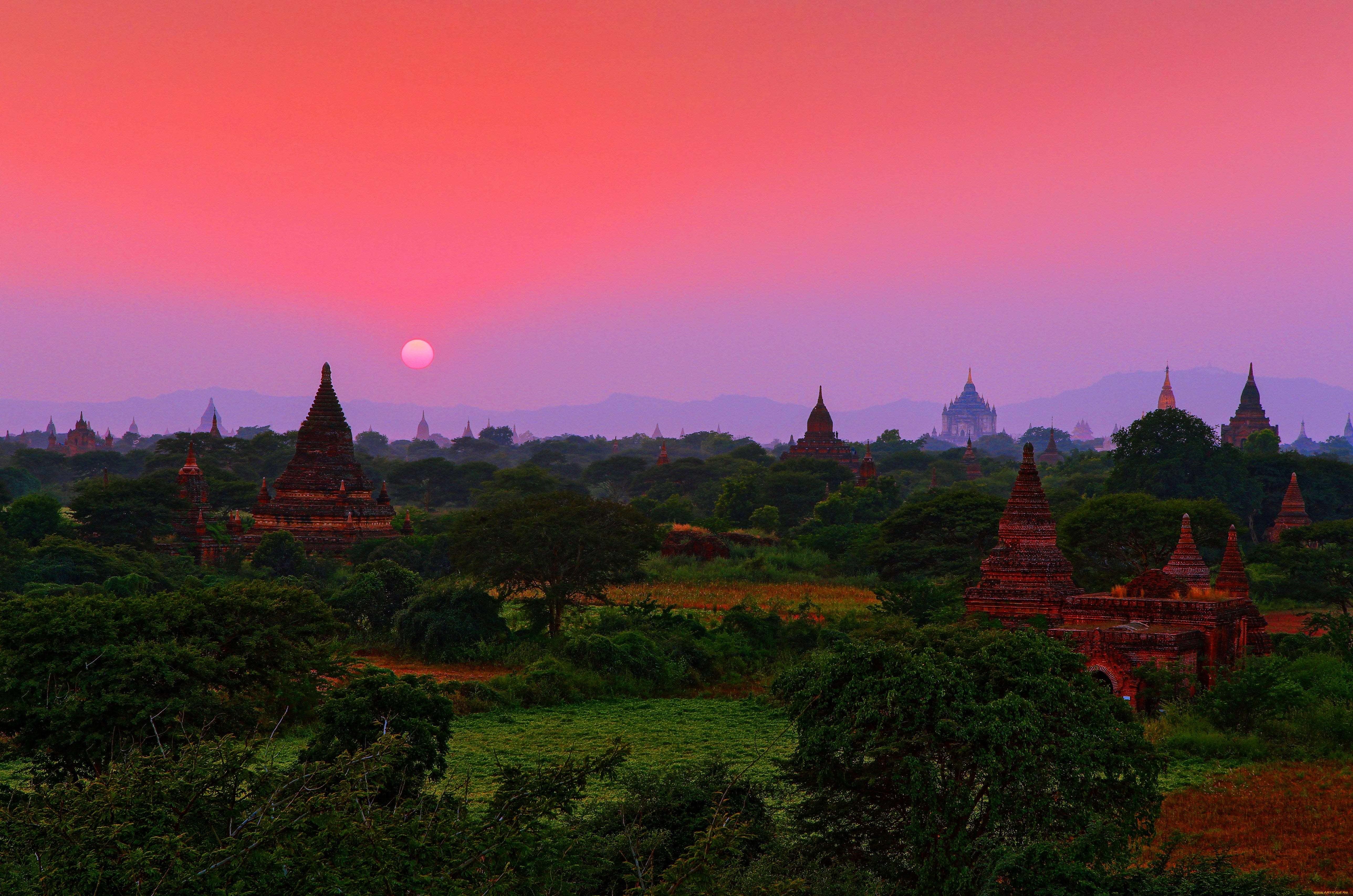 мьянма, города, -, буддийские, и, другие, храмы, пейзаж, вид, зелень, изумруд, закат, индокитай, азия, государство