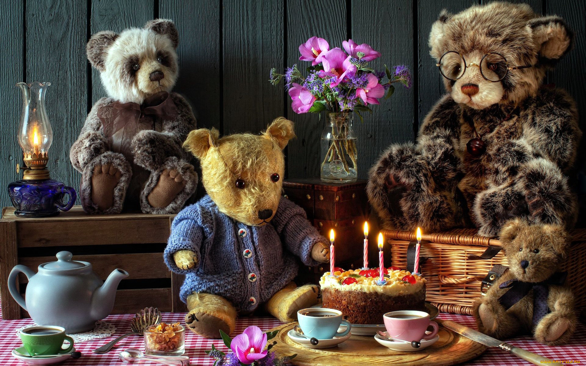 разное, игрушки, медведи, чай, торт, свечи