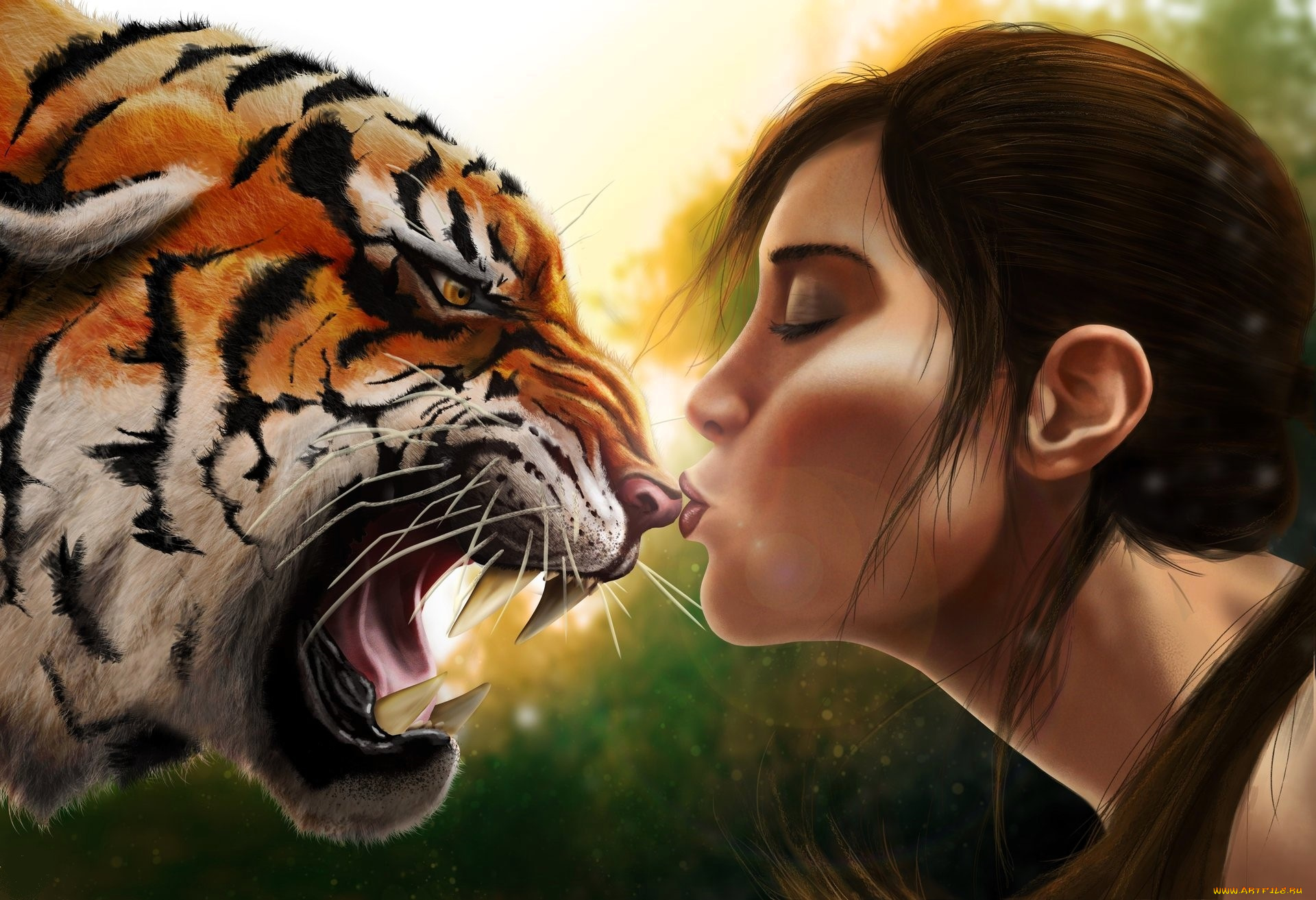 рисованное, животные, , тигры, тигр, девушка, головы, поцелуй