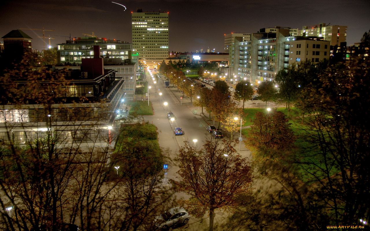 города, огни, ночного, slotervaart, amsterdam