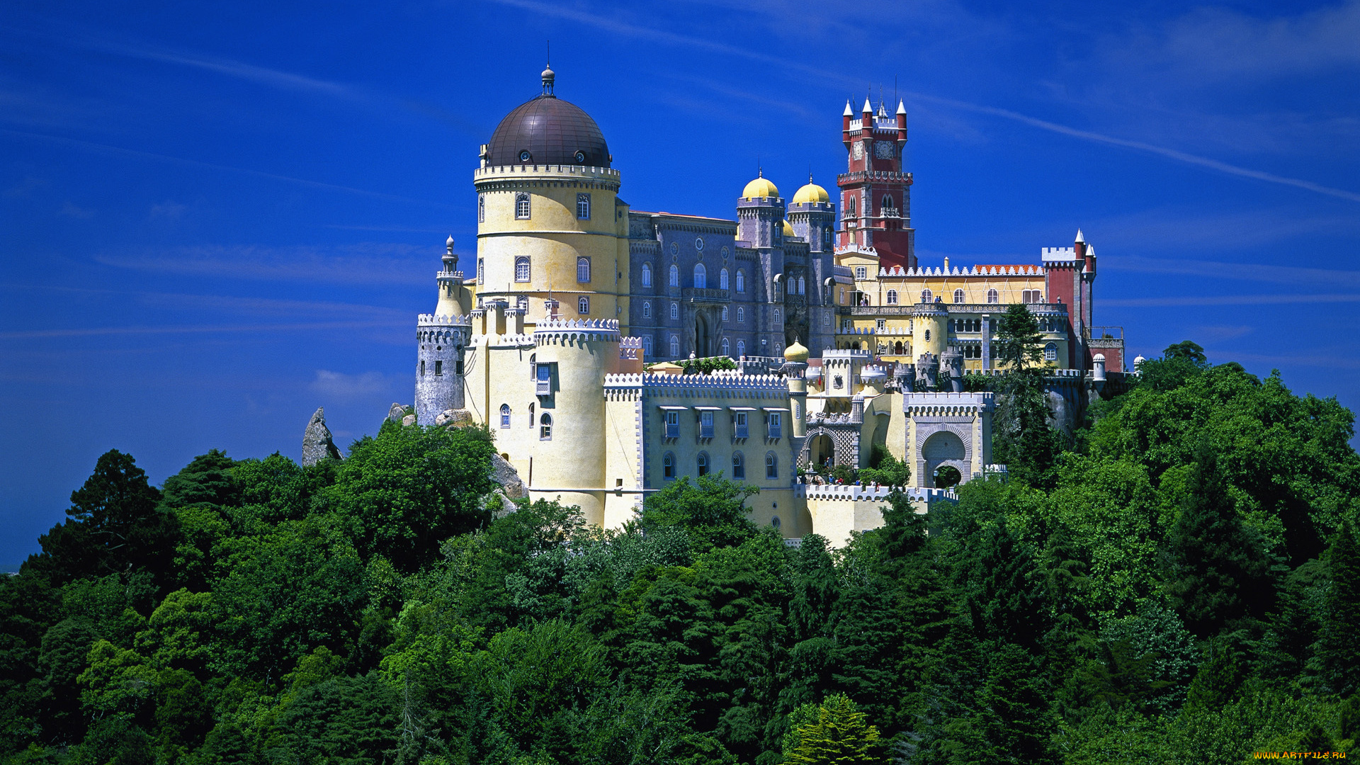 города, дворцы, замки, крепости, замок, деревья, pena, national, palace, sintra, portugal