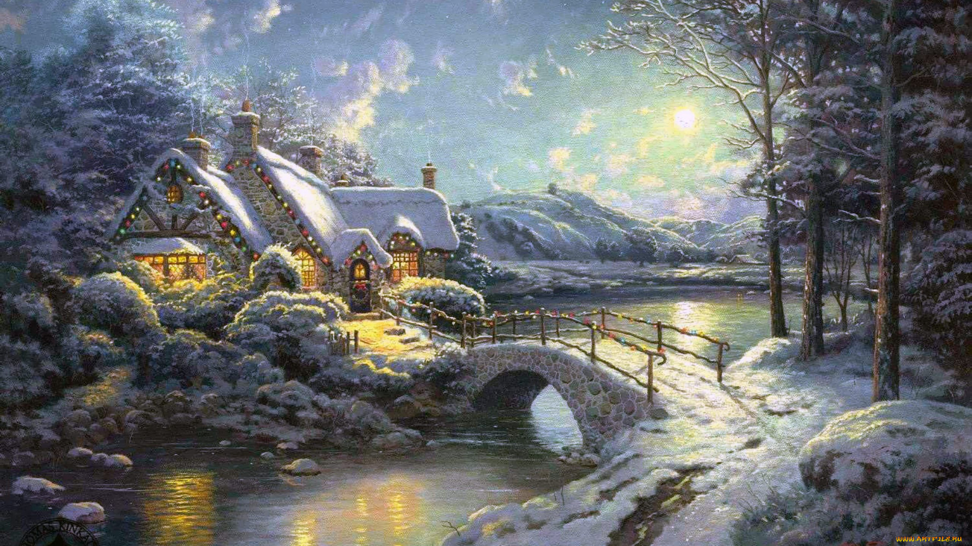 thomas, kinkade, рисованные, деревья, зима, река, мост, пейзаж, дом