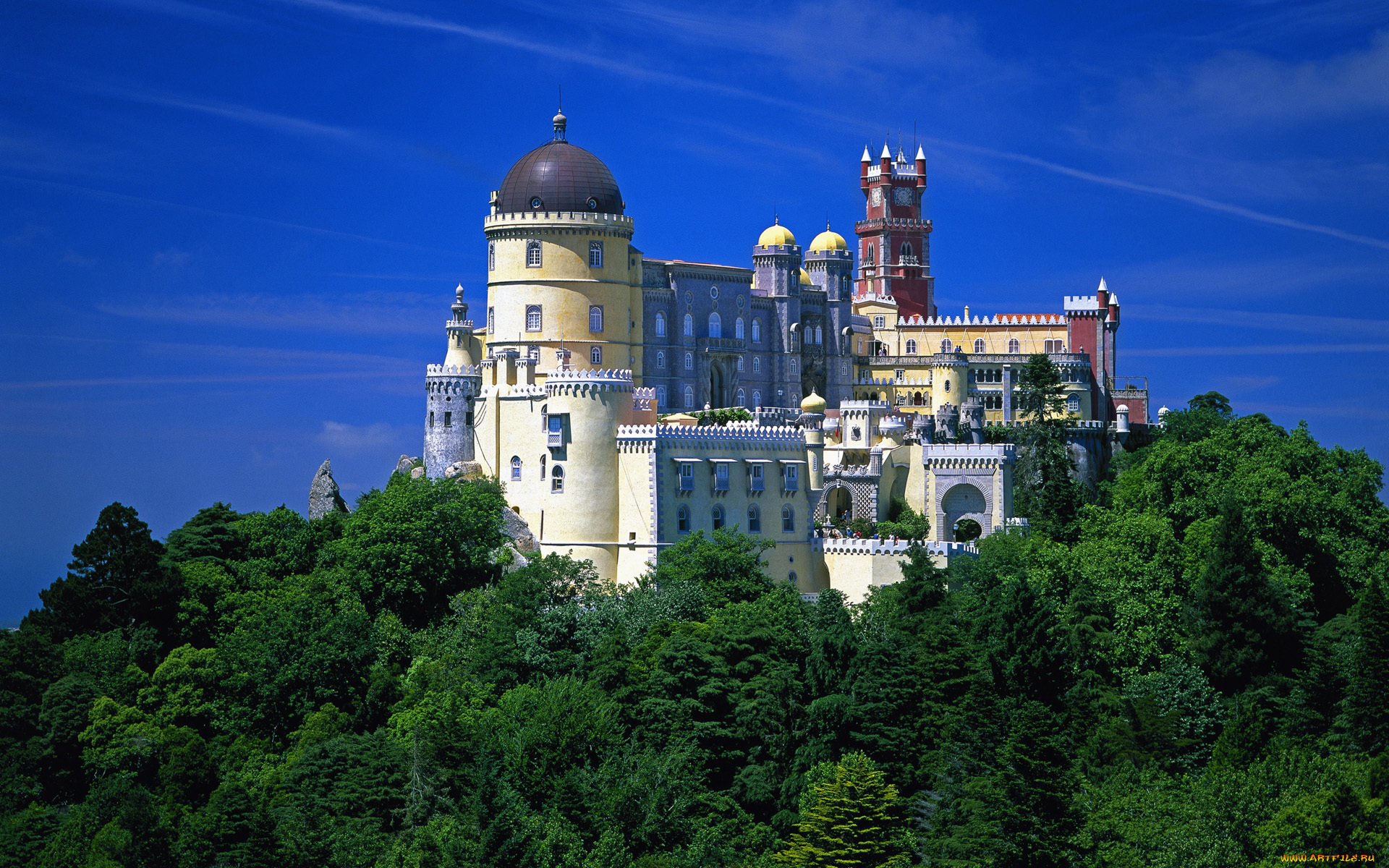 города, дворцы, замки, крепости, замок, деревья, pena, national, palace, sintra, portugal