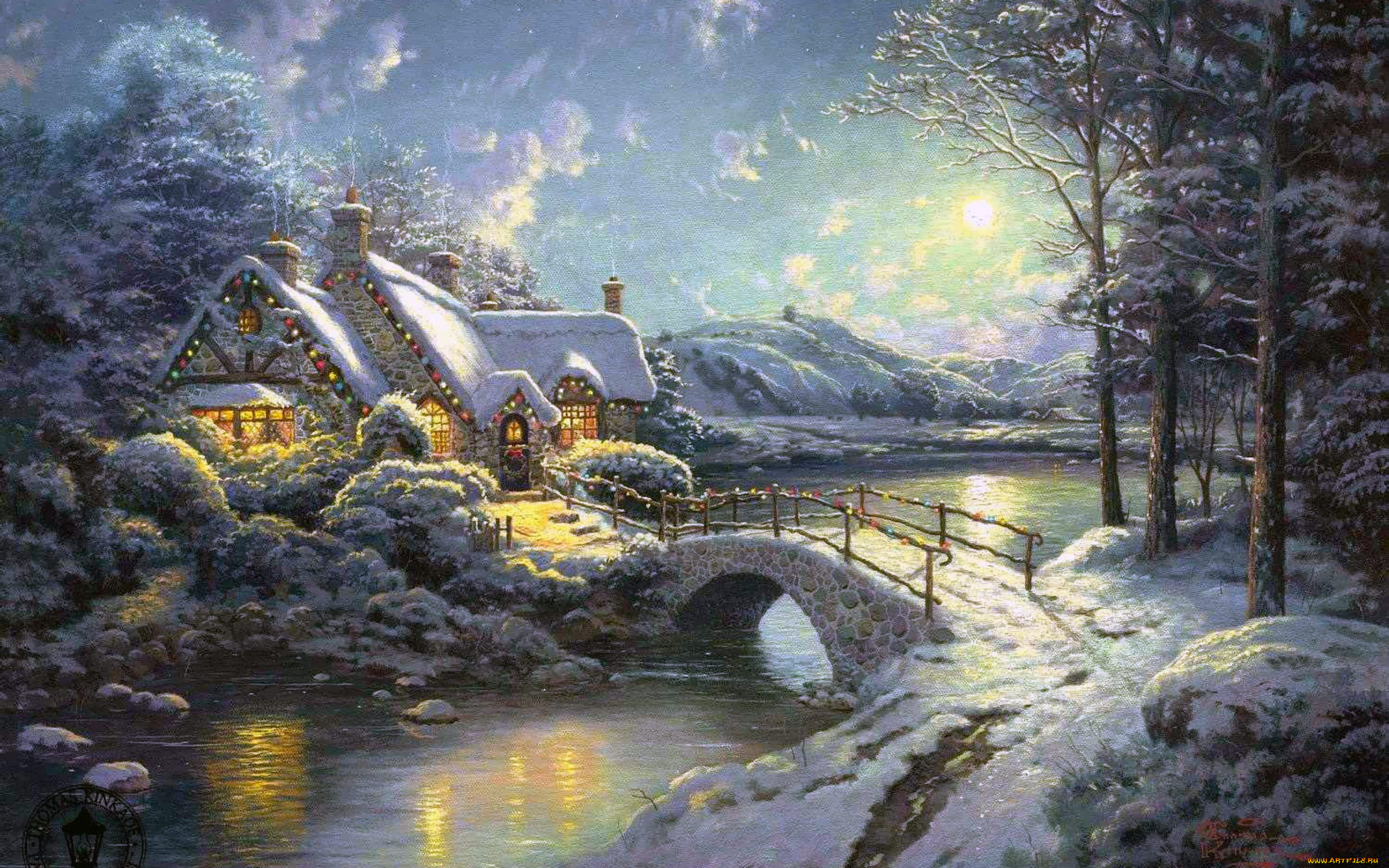thomas, kinkade, рисованные, деревья, зима, река, мост, пейзаж, дом