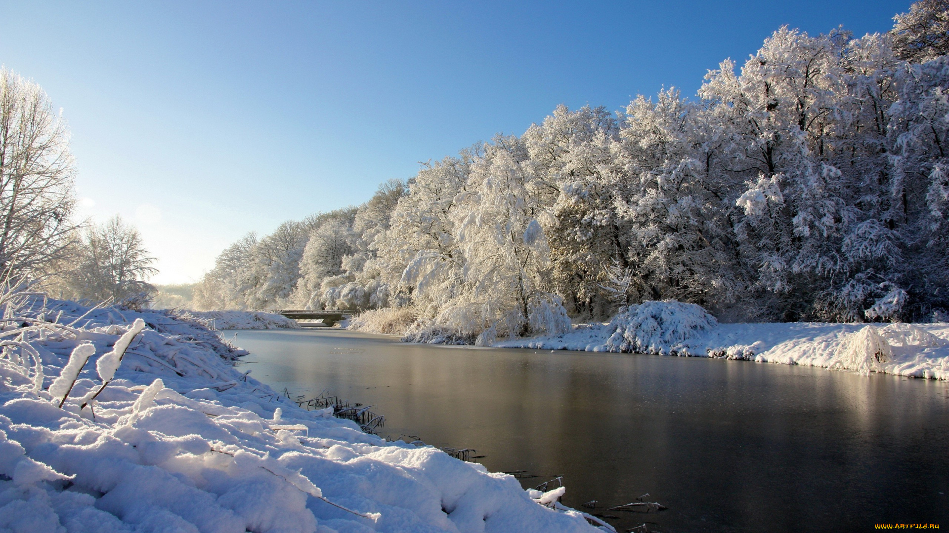 природа, зима, снег, деревья, река, мост