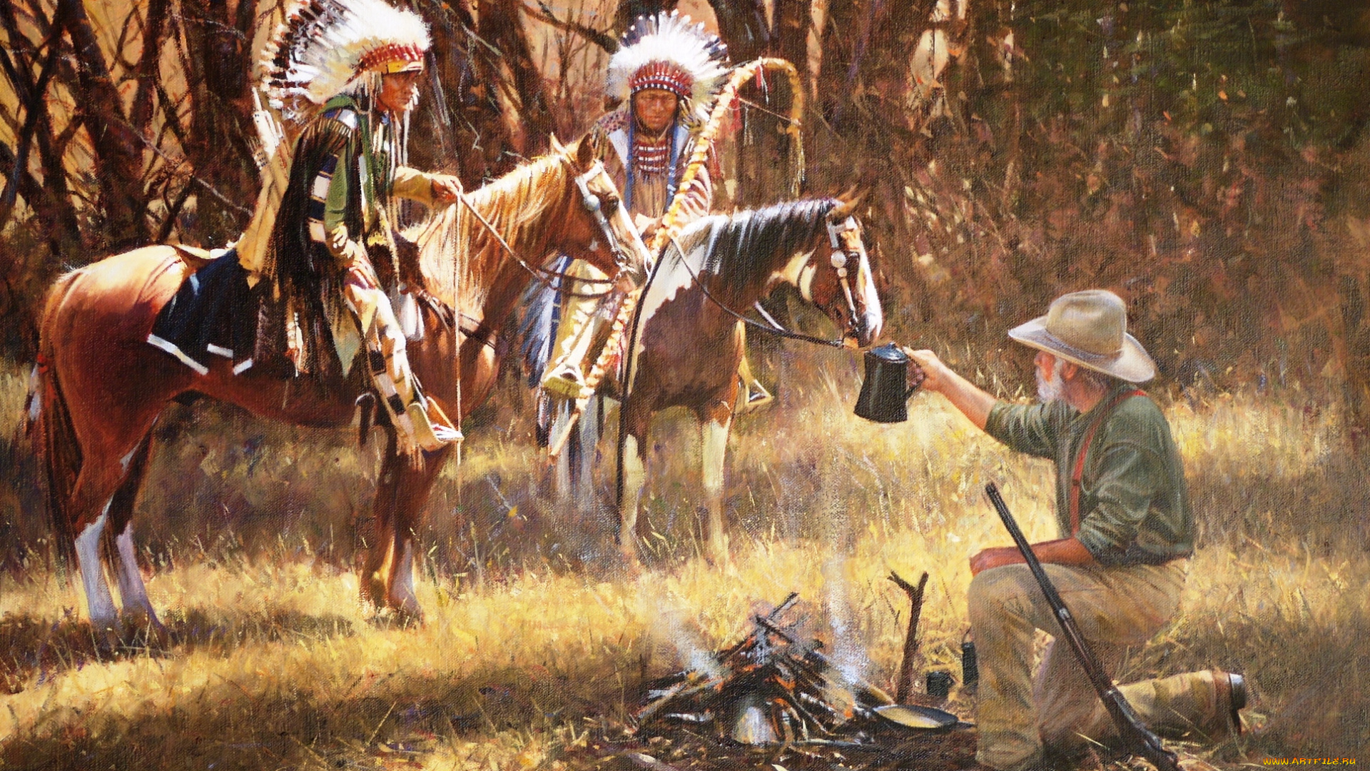 рисованное, люди, лошади, охотник, костер, перья, всадники, индейцы, ружье, чайник