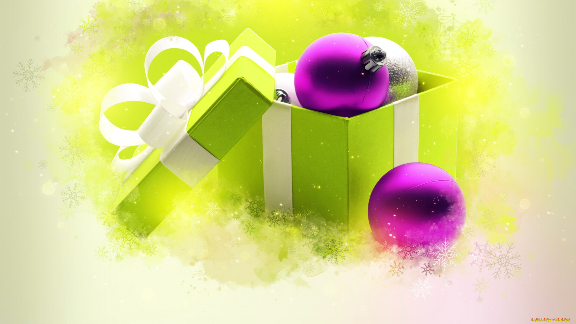 праздничные, шары, игрушки, коробка, фон, зеленая, снежинки, новогодние, ленточка