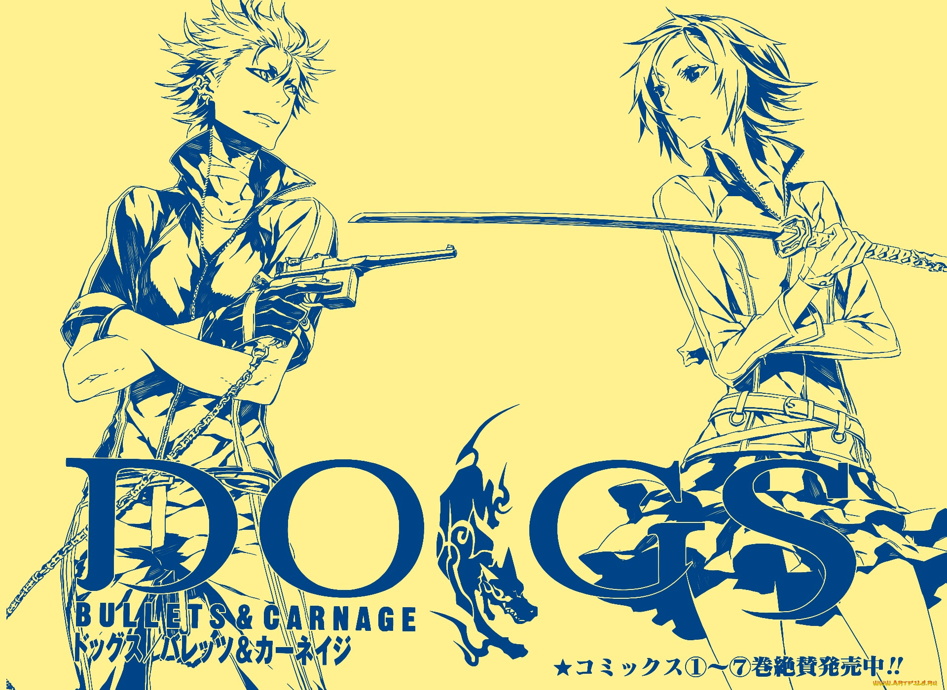 аниме, dogs, , bullets, &, carnage, пистолет, меч, парень, девушка