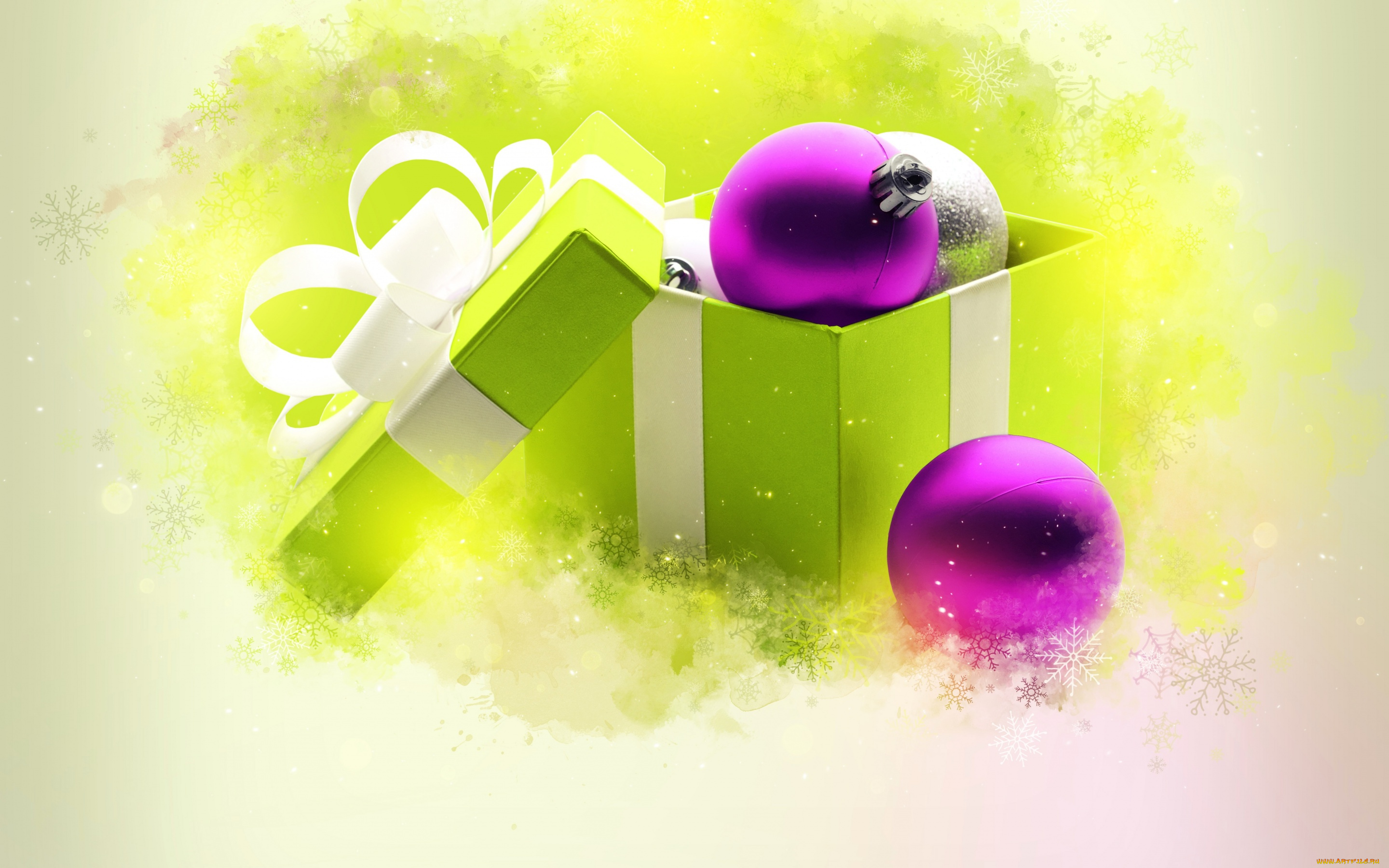 праздничные, шары, игрушки, коробка, фон, зеленая, снежинки, новогодние, ленточка