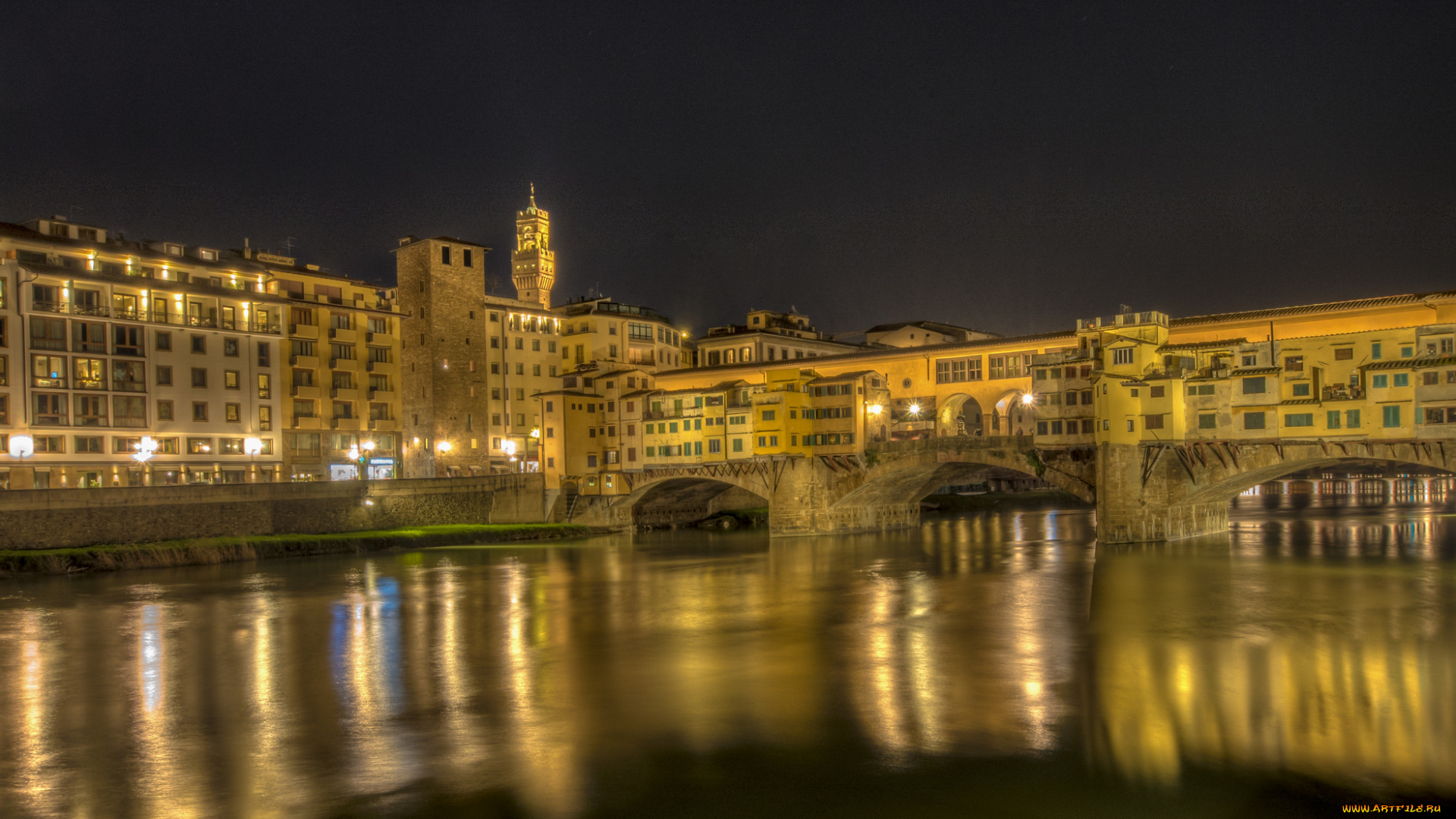 ponte, vecchio, bridge, florence, города, флоренция, , италия, мост, река, огни, ночь