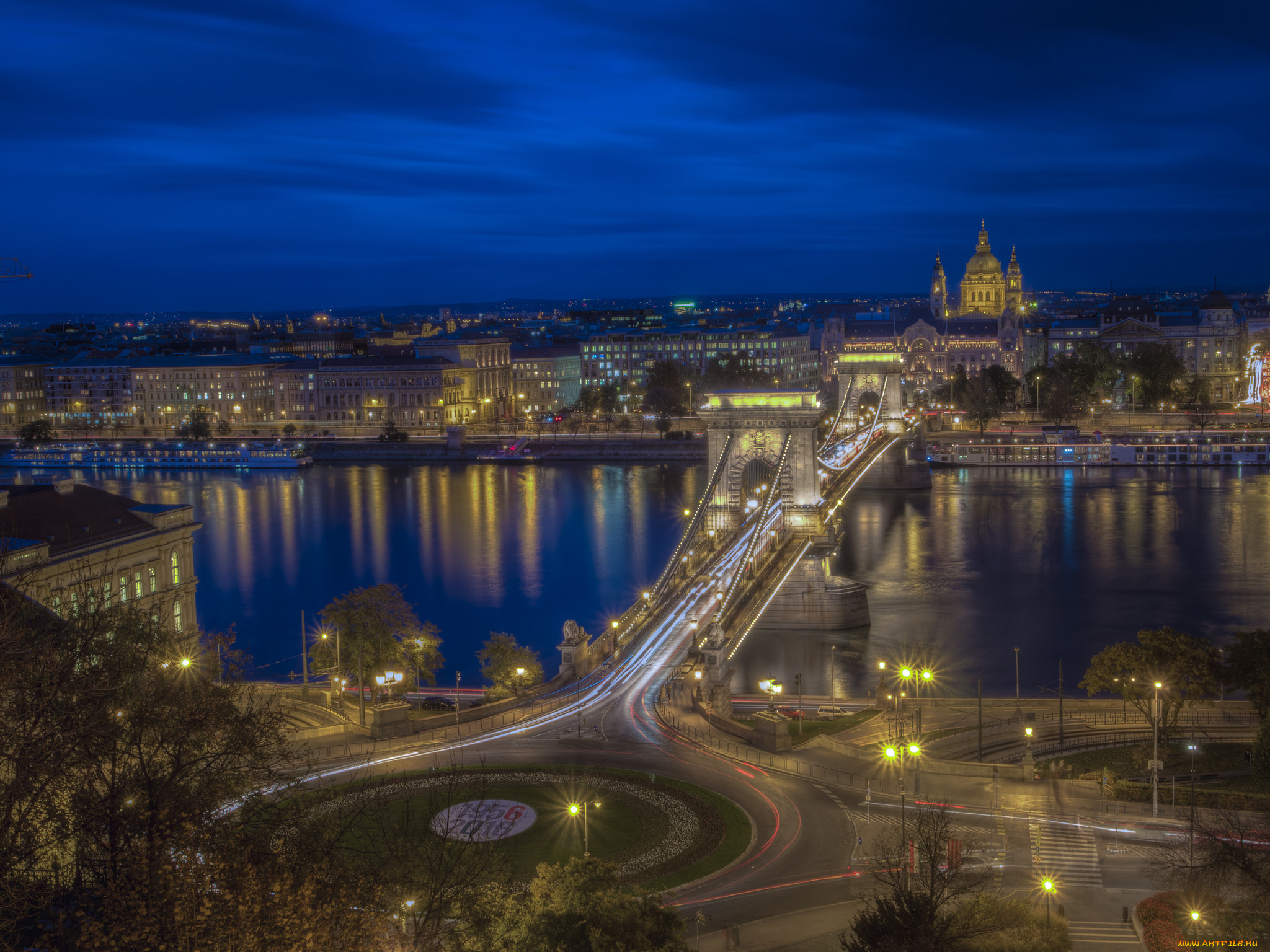 budapest, chain, bridge, города, будапешт, , венгрия, огни, ночь, мост, река