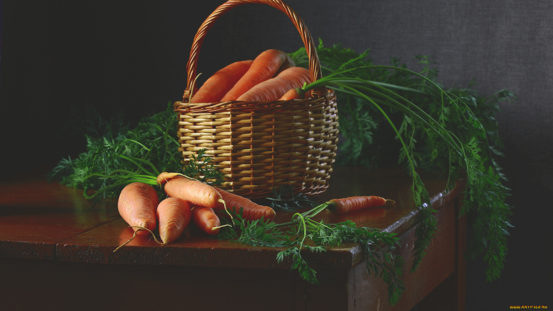 еда, морковь, зелень, темный, фон, стол, урожай, натюрморт, корзинка, овощи, корнеплоды