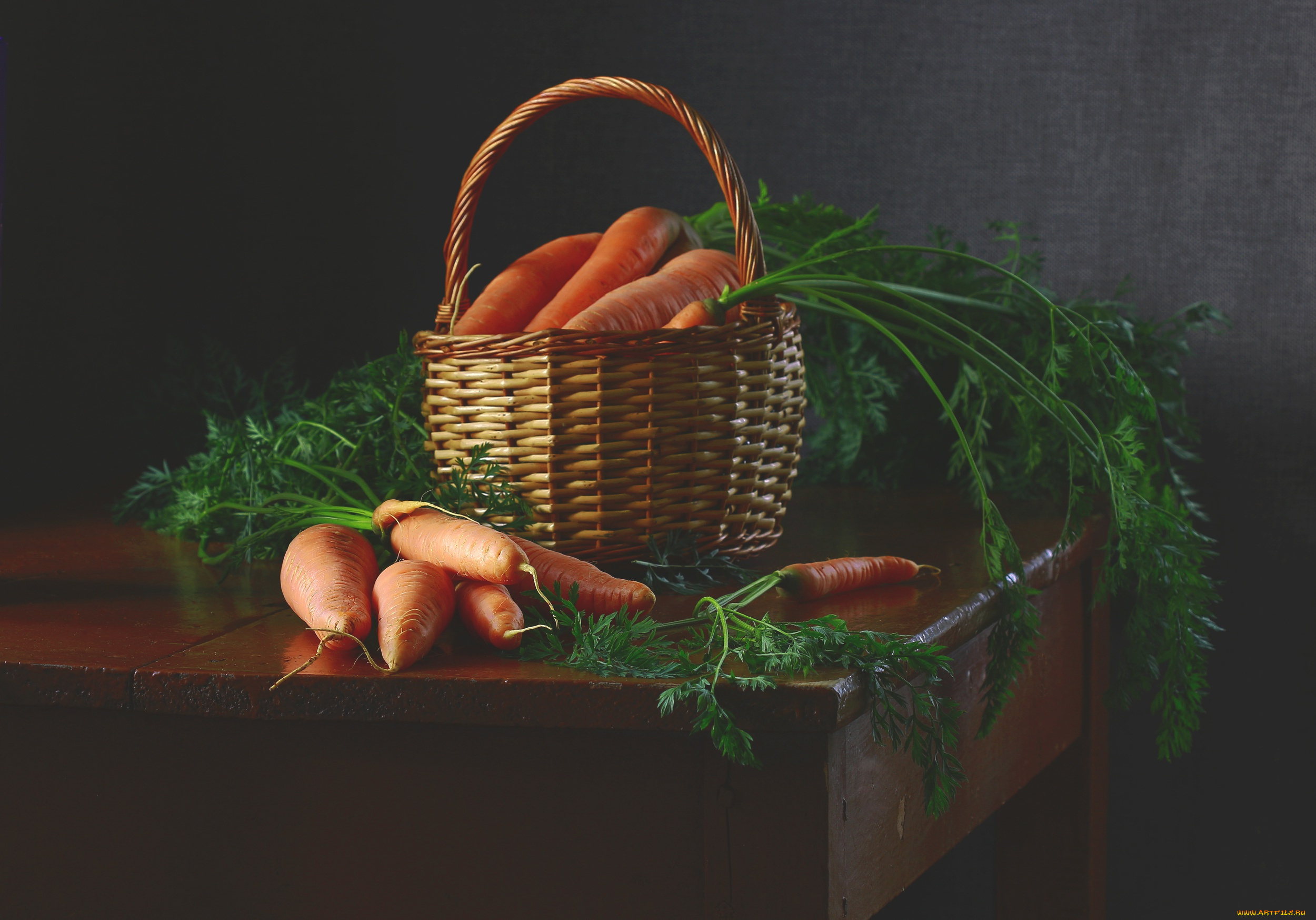 еда, морковь, зелень, темный, фон, стол, урожай, натюрморт, корзинка, овощи, корнеплоды