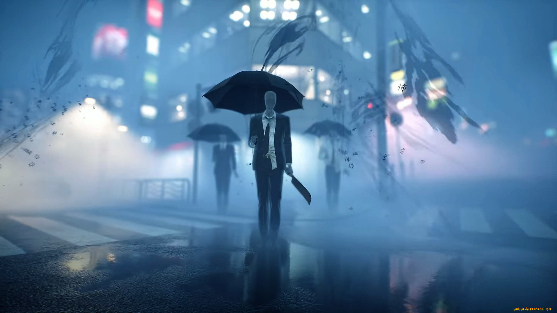 видео, игры, ghostwire, , tokyo, фигуры, призраки, зонты, город, туман