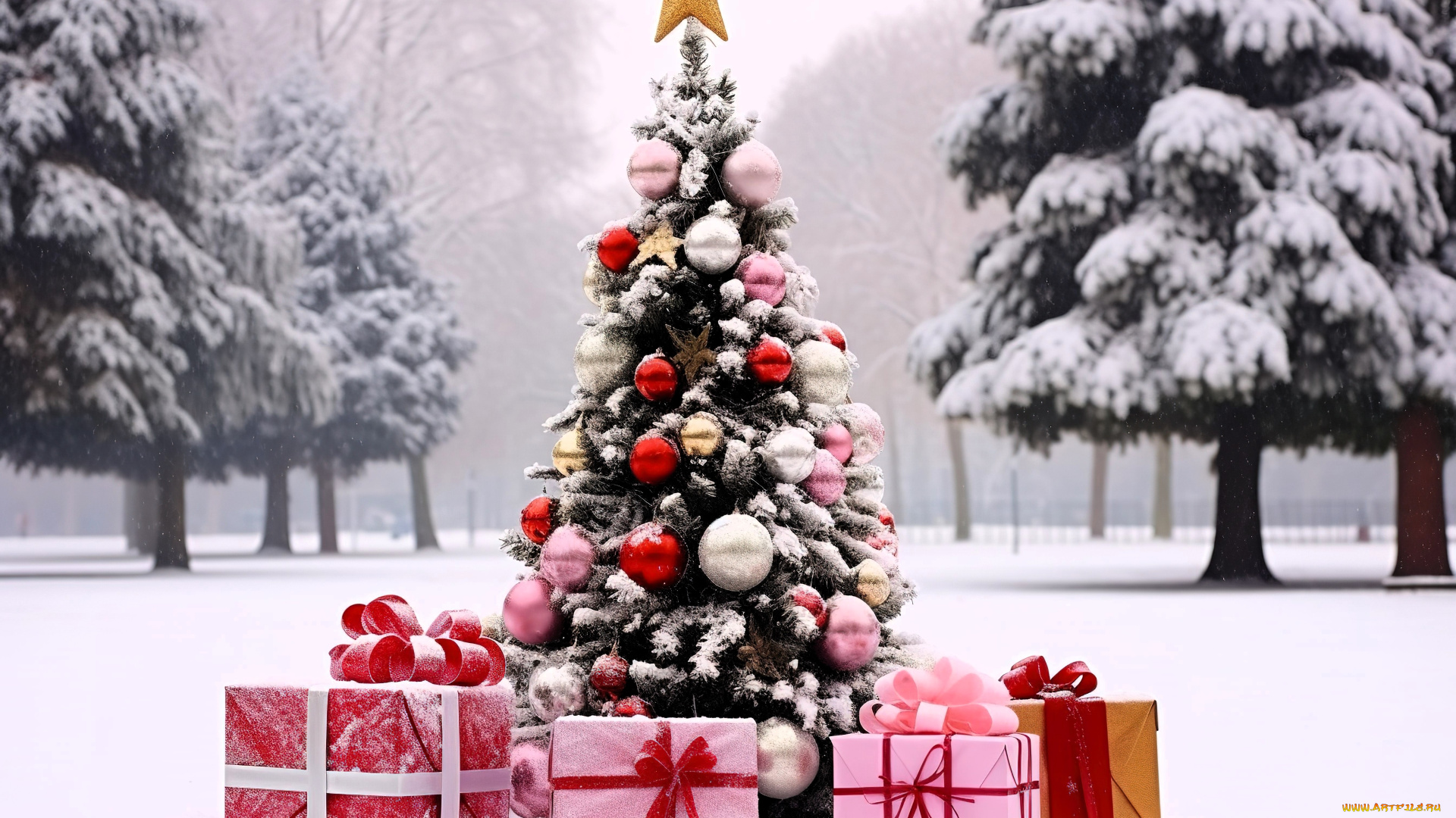 праздничные, ёлки, ёлка, подарки, снег