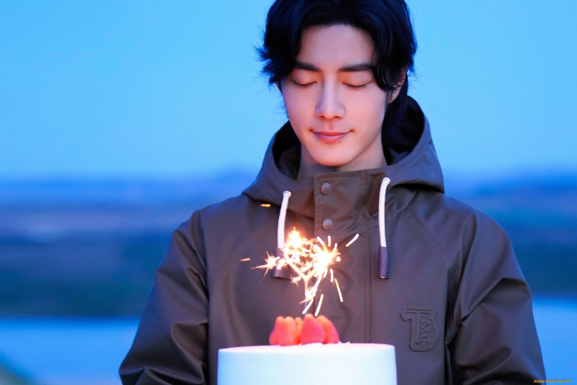 мужчины, xiao, zhan, актер, куртка, торт, день, рождения